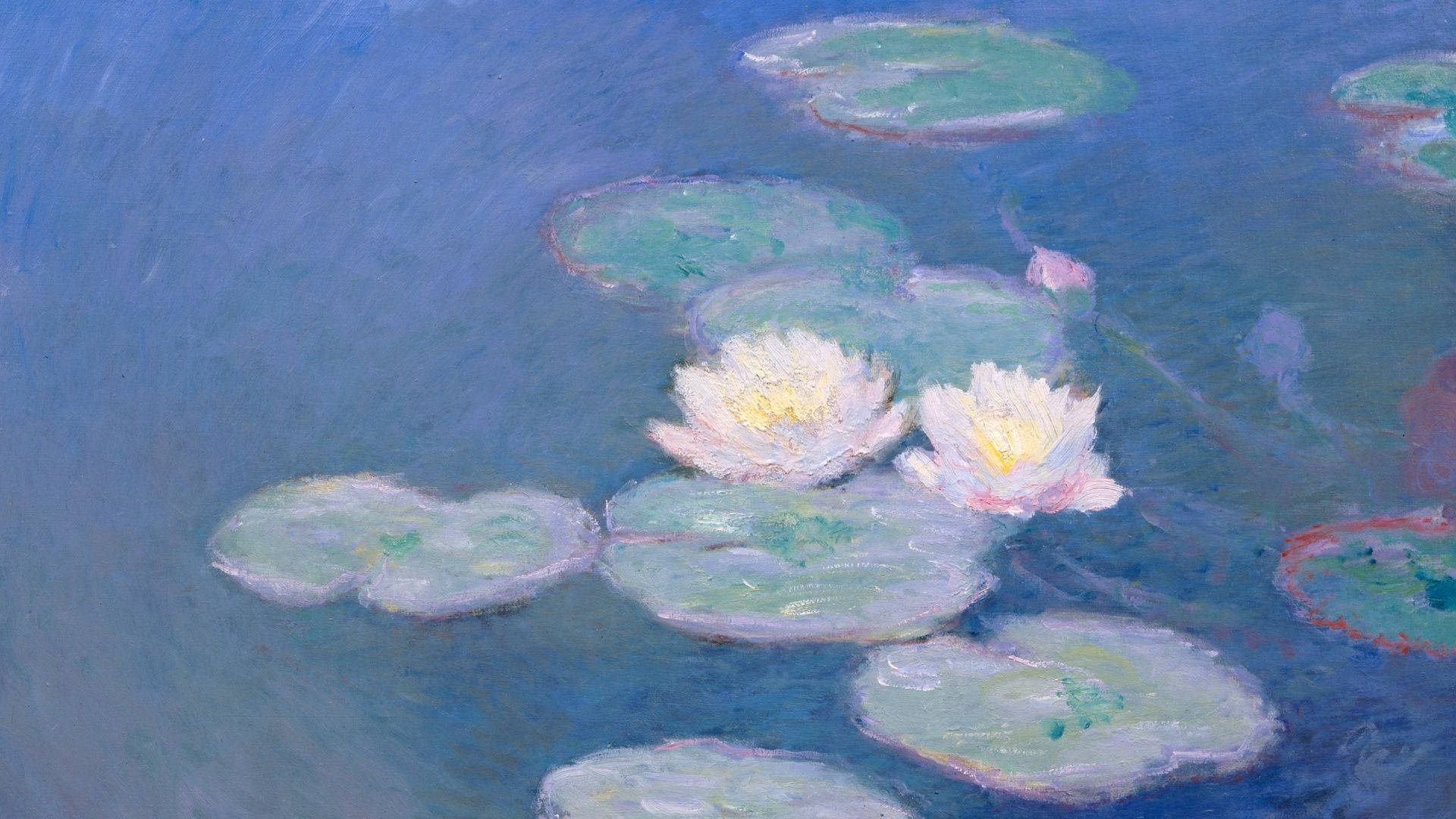 Water Lilies, impressionist painting style, blue water, Full HD Desktop Wallpaper