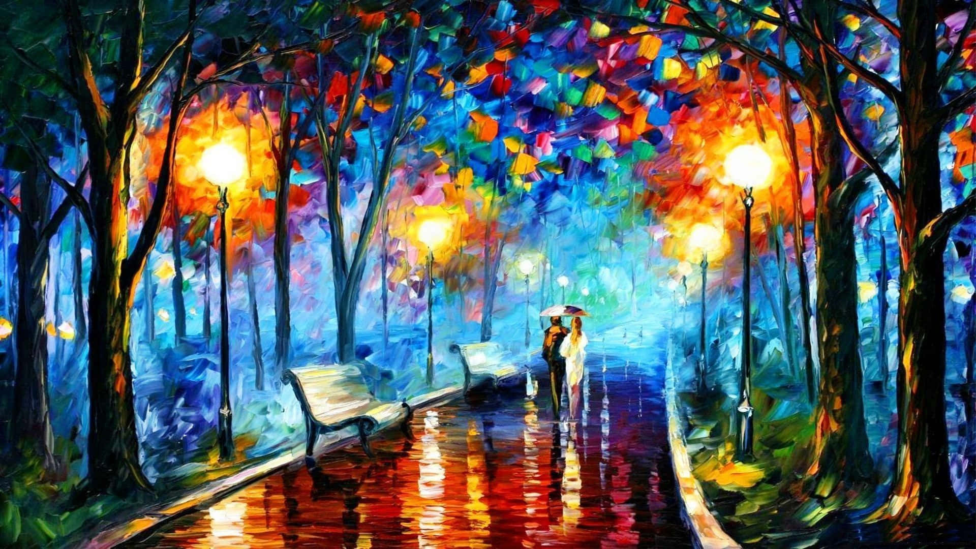 Impressionist, rain-slicked park path, glowing streetlamps, Full HD Desktop Wallpaper
