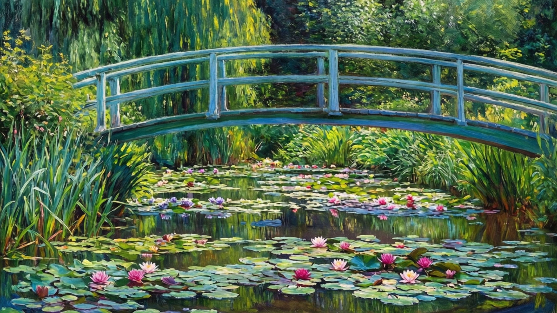 lily pond bridge, curved wooden bridge, tranquil pond, Full HD Desktop Wallpaper