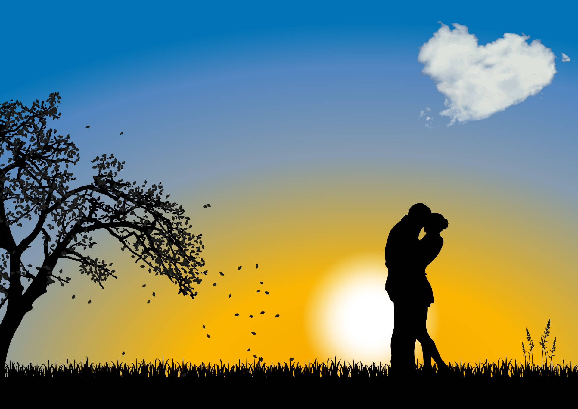enamored couple, sunset, heart-shaped cloud, Full HD Desktop Wallpaper