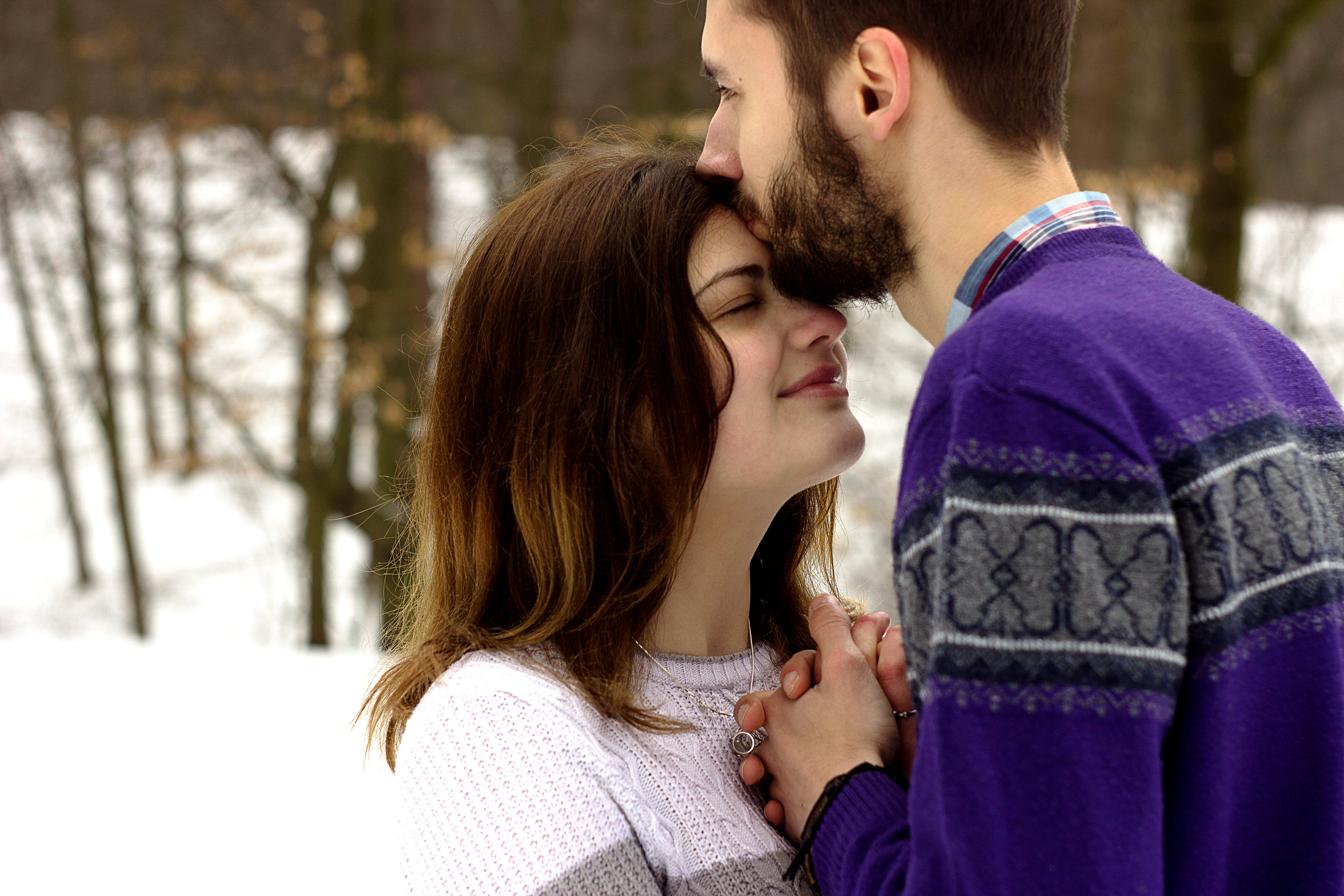 bearded man, smiling woman, snowy forest, 5K Desktop Wallpaper