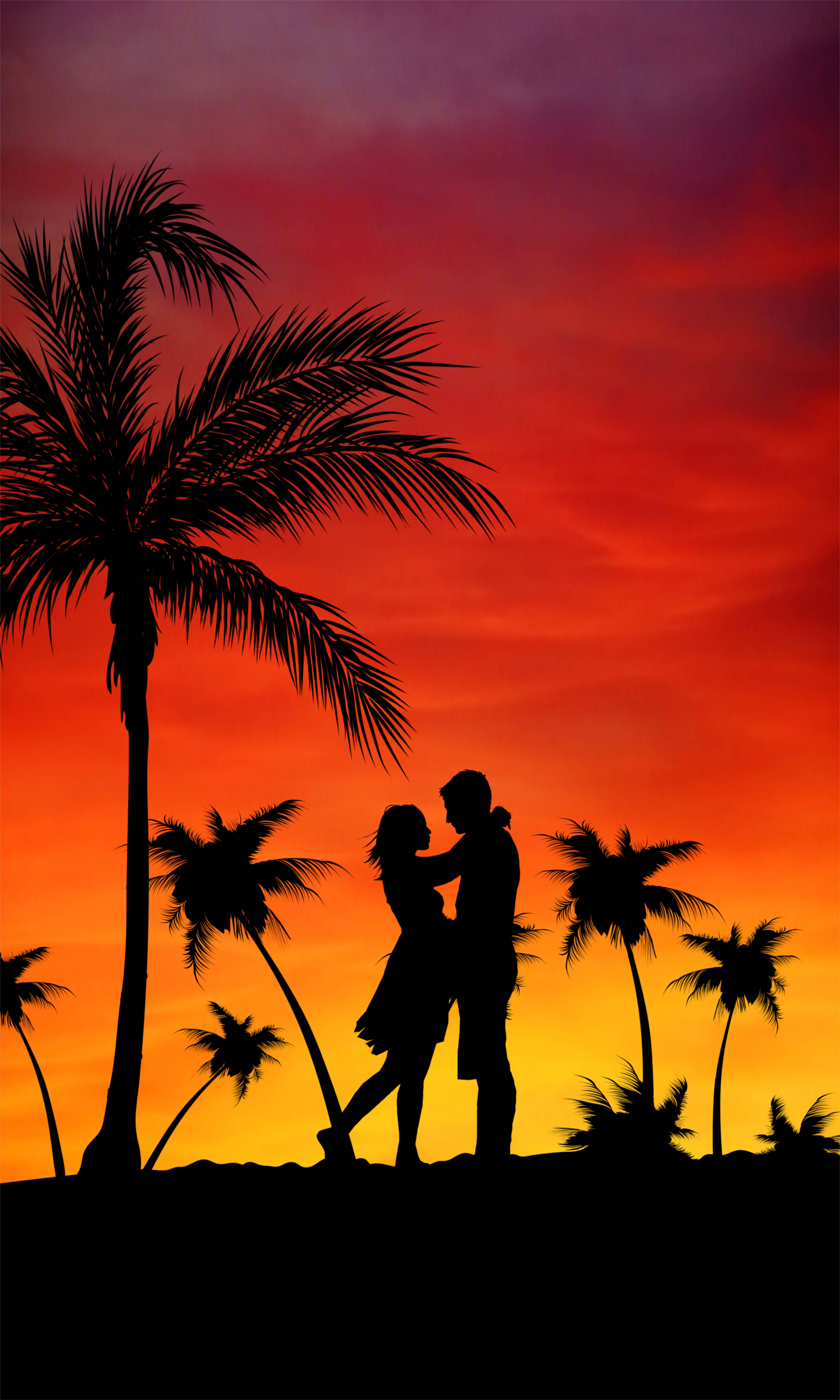 Couple Sunset Digital Art, vibrant orange red sunset sky, palm trees, 5K Phone Wallpaper