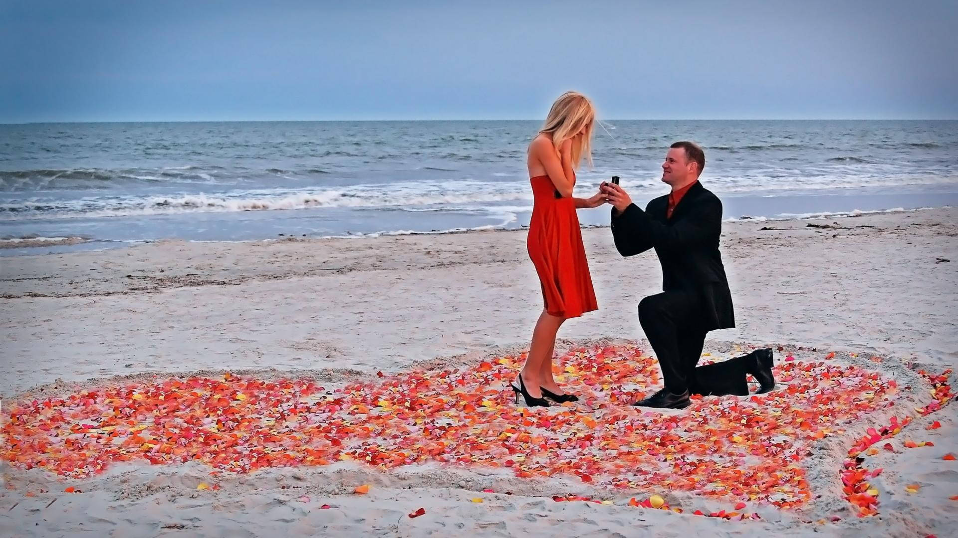 beach, heart of red and orange petals, man kneels, Full HD Desktop Wallpaper