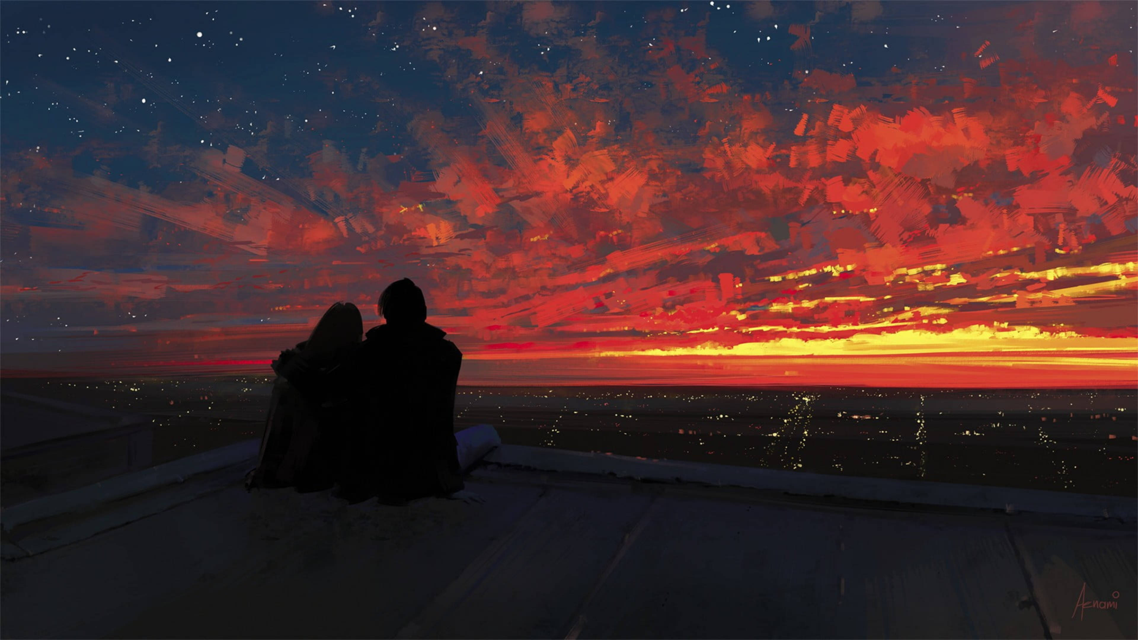 silhouette, sunset, rooftop, 4K Desktop Wallpaper