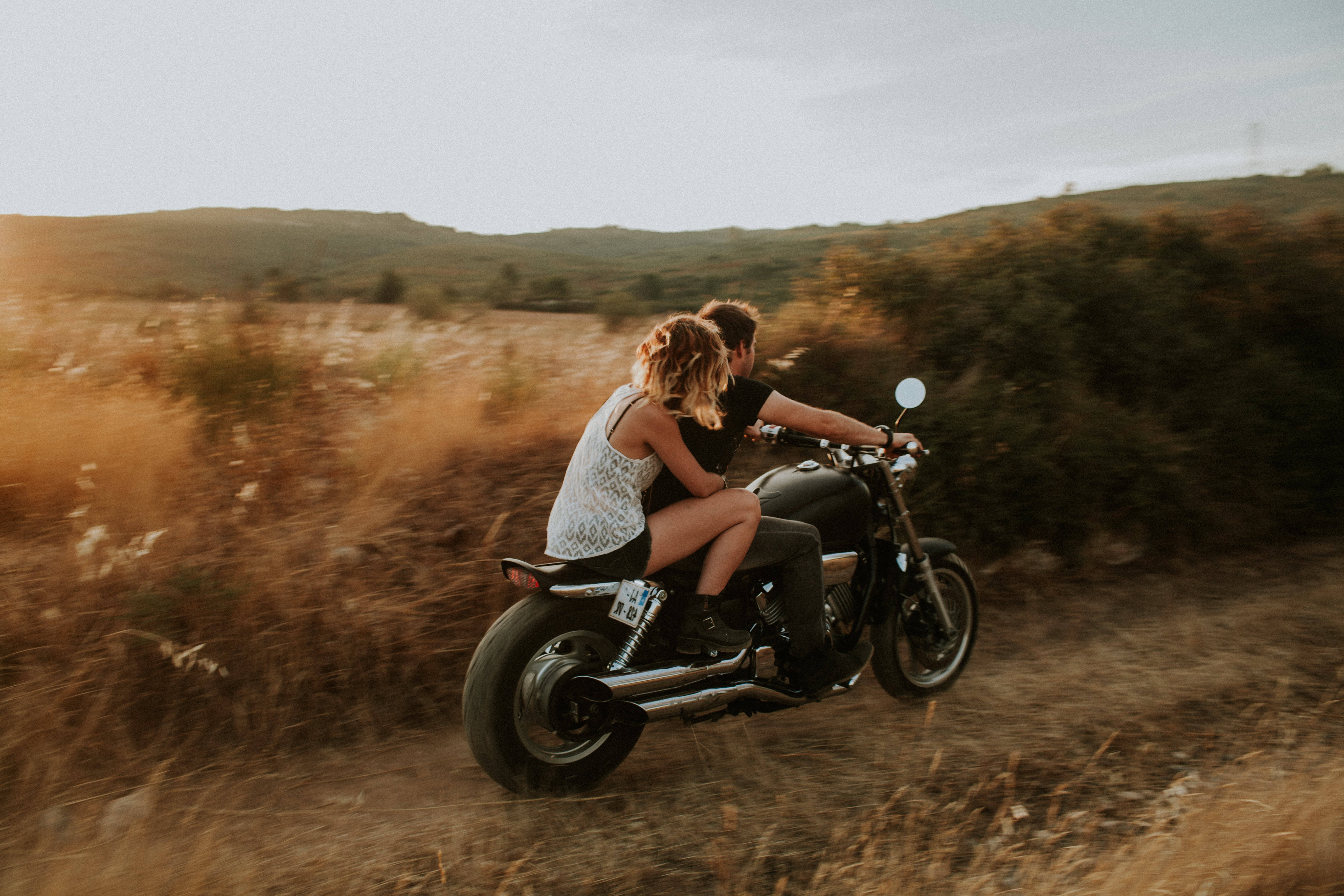 young love couple, motorcycle, sunset, 5K Desktop Wallpaper
