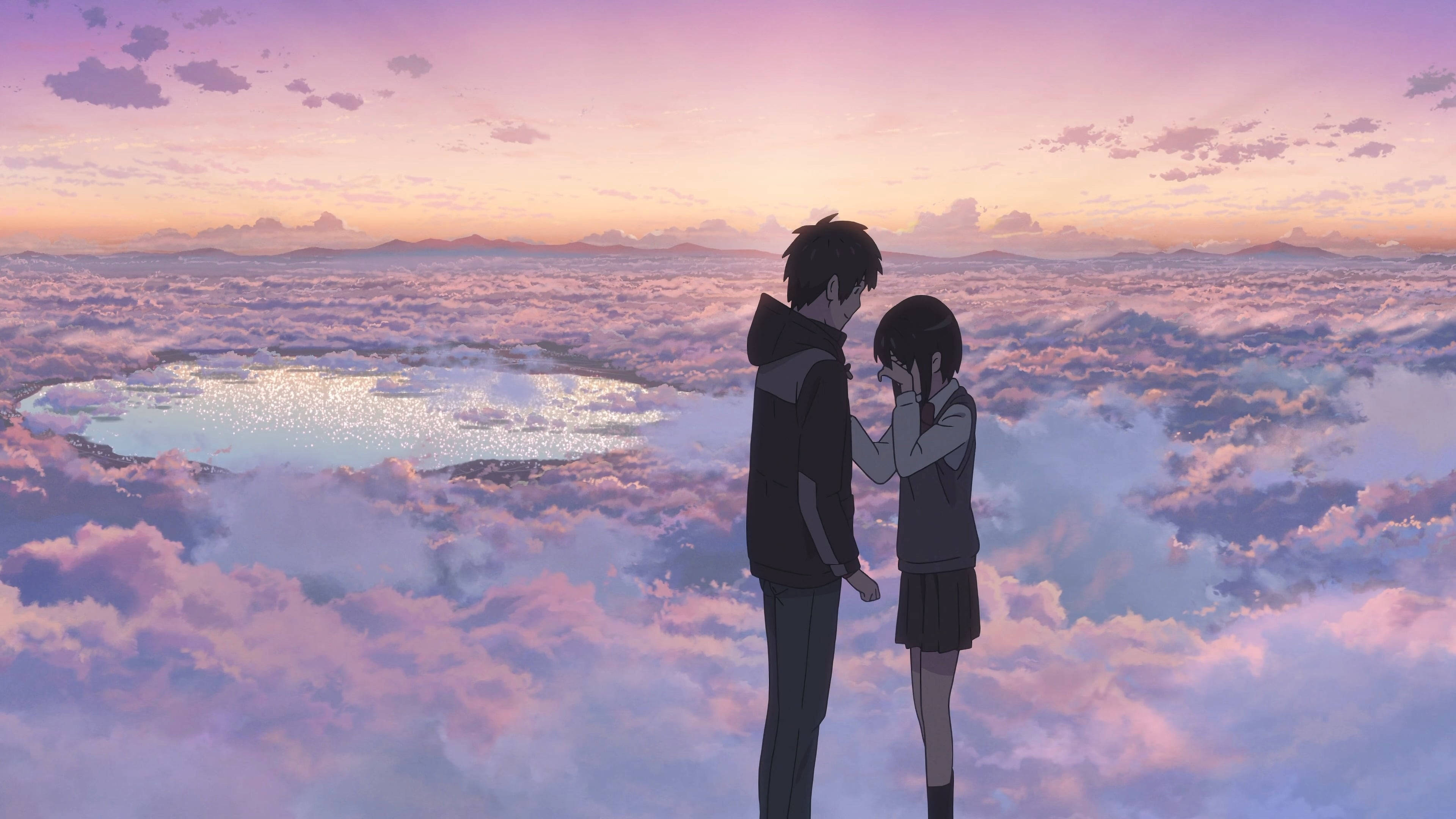 anime teens, clouds, sunset, 4K Desktop Wallpaper
