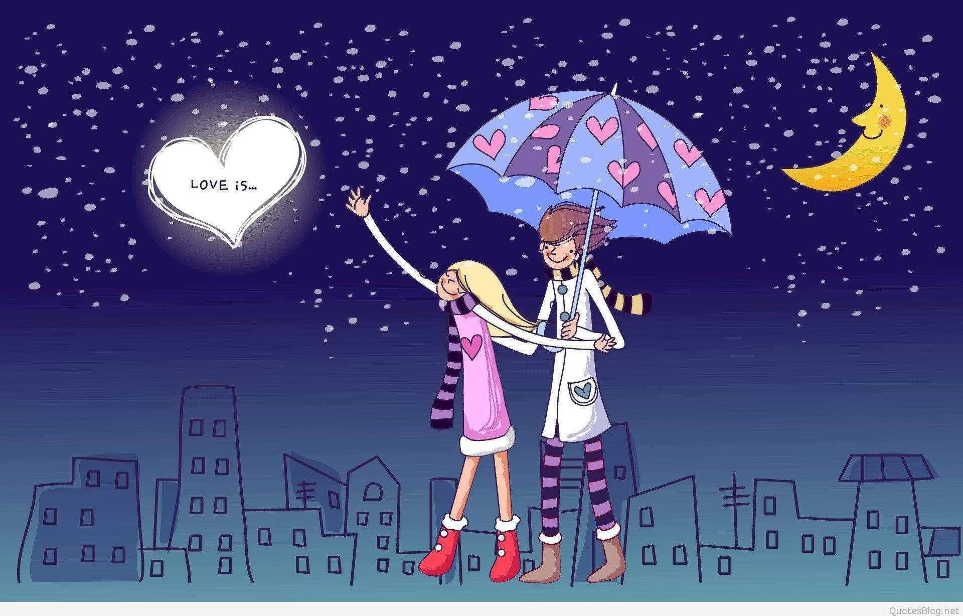 heart-patterned umbrella, snowy cityscape, night, Full HD Desktop Wallpaper