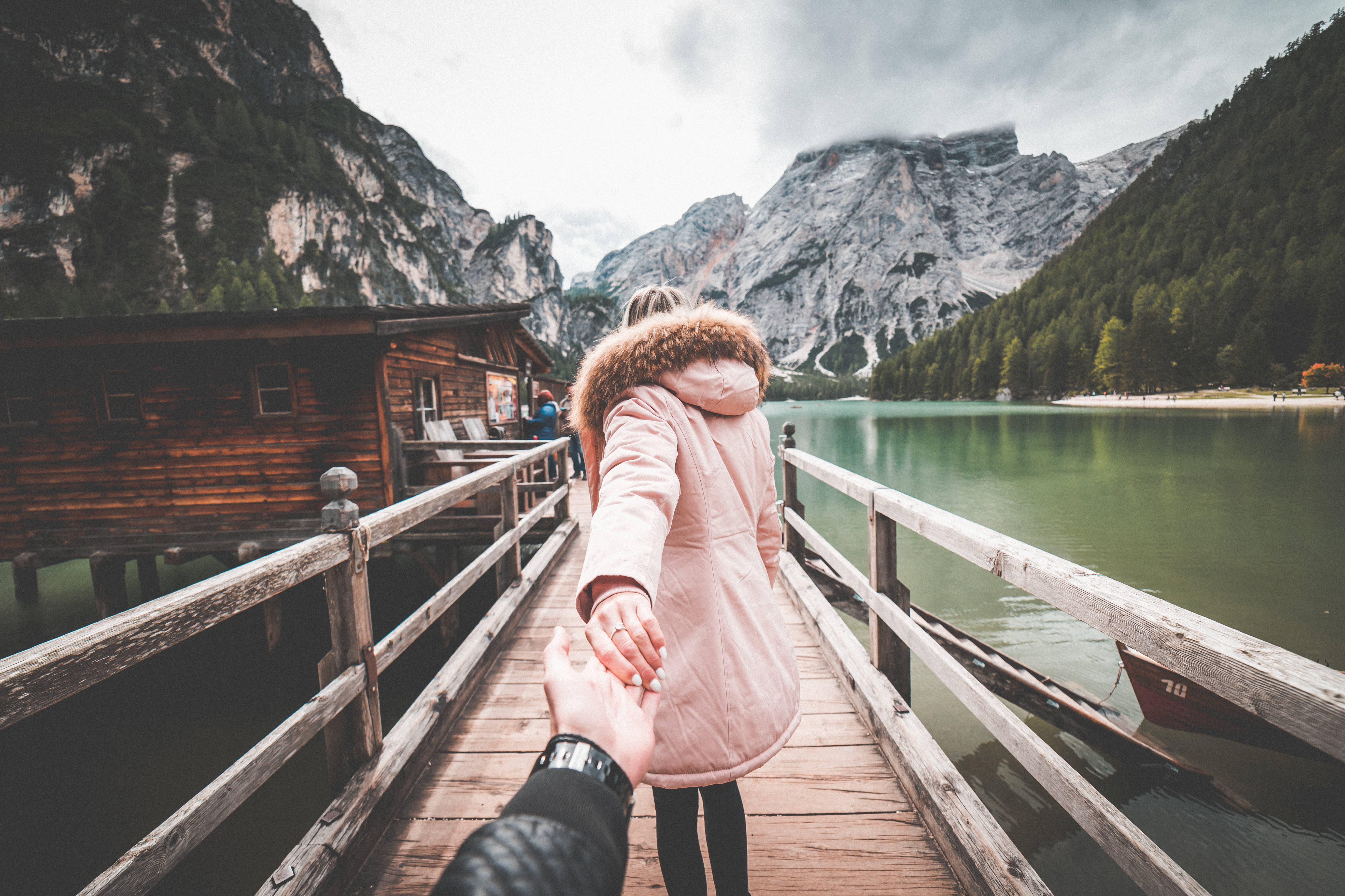 pink coat, wooden pier, serene mountain lake, 4K Desktop Wallpaper