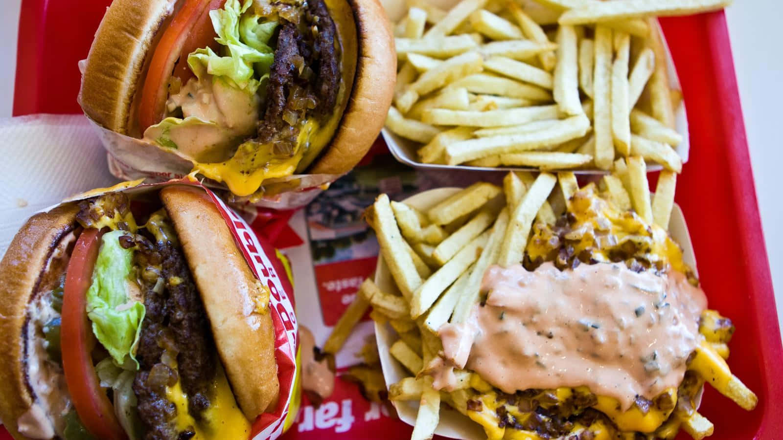 red tray, hamburgers, fries, HD Desktop Wallpaper