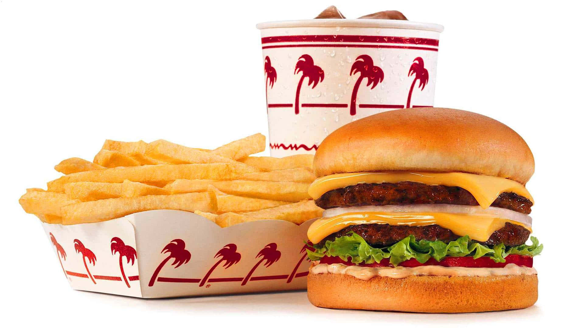 double cheeseburger, golden fries, soda cup, Full HD Desktop Wallpaper