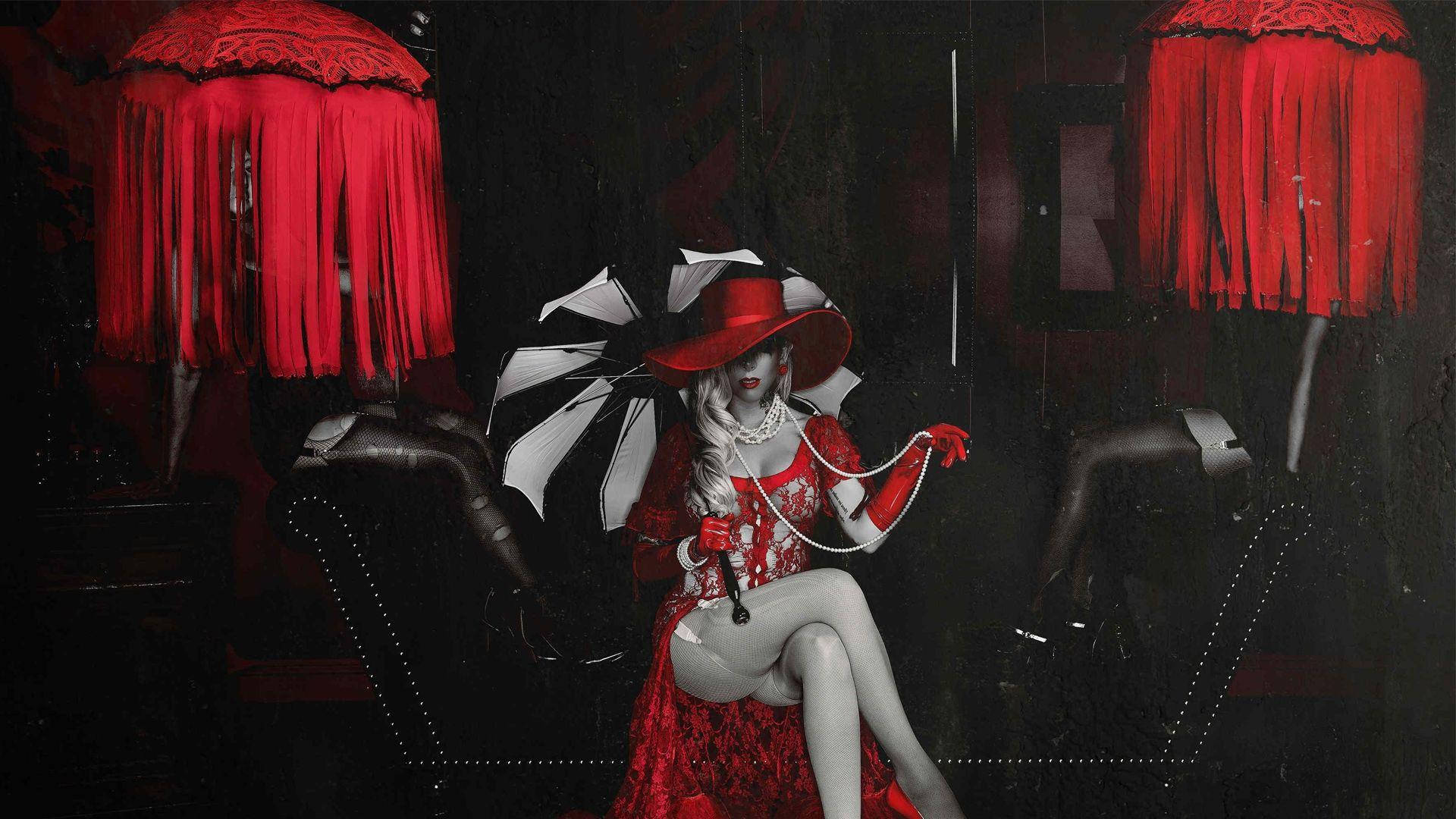 In This Moment, red lace dress, hat, Full HD Desktop Wallpaper