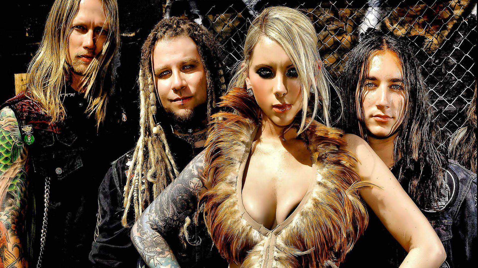 In This Moment, tattooed musicians, chain-link fence, Full HD Desktop Wallpaper