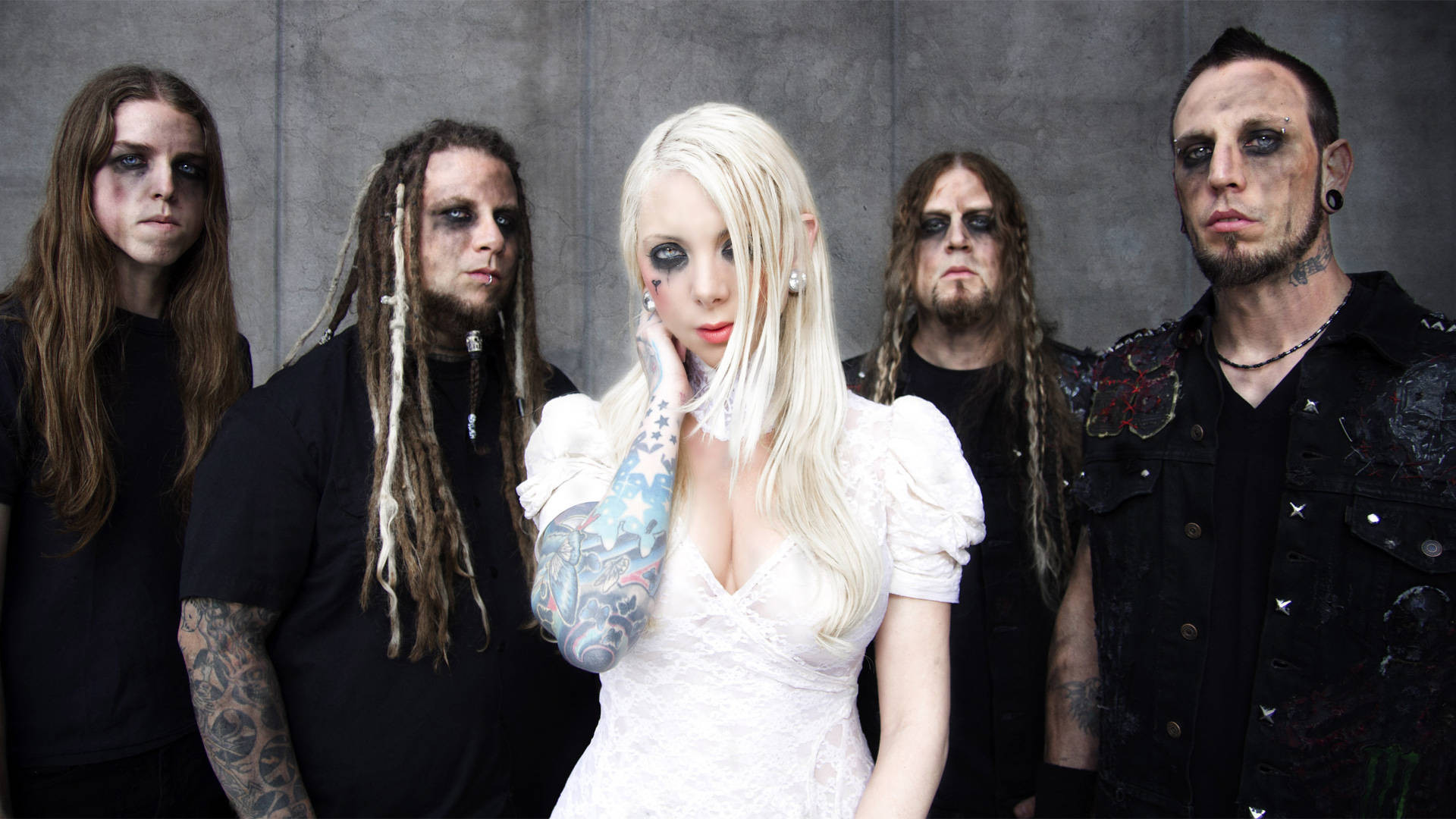 In This Moment, gothic metal band, gray concrete wall, Full HD Desktop Wallpaper