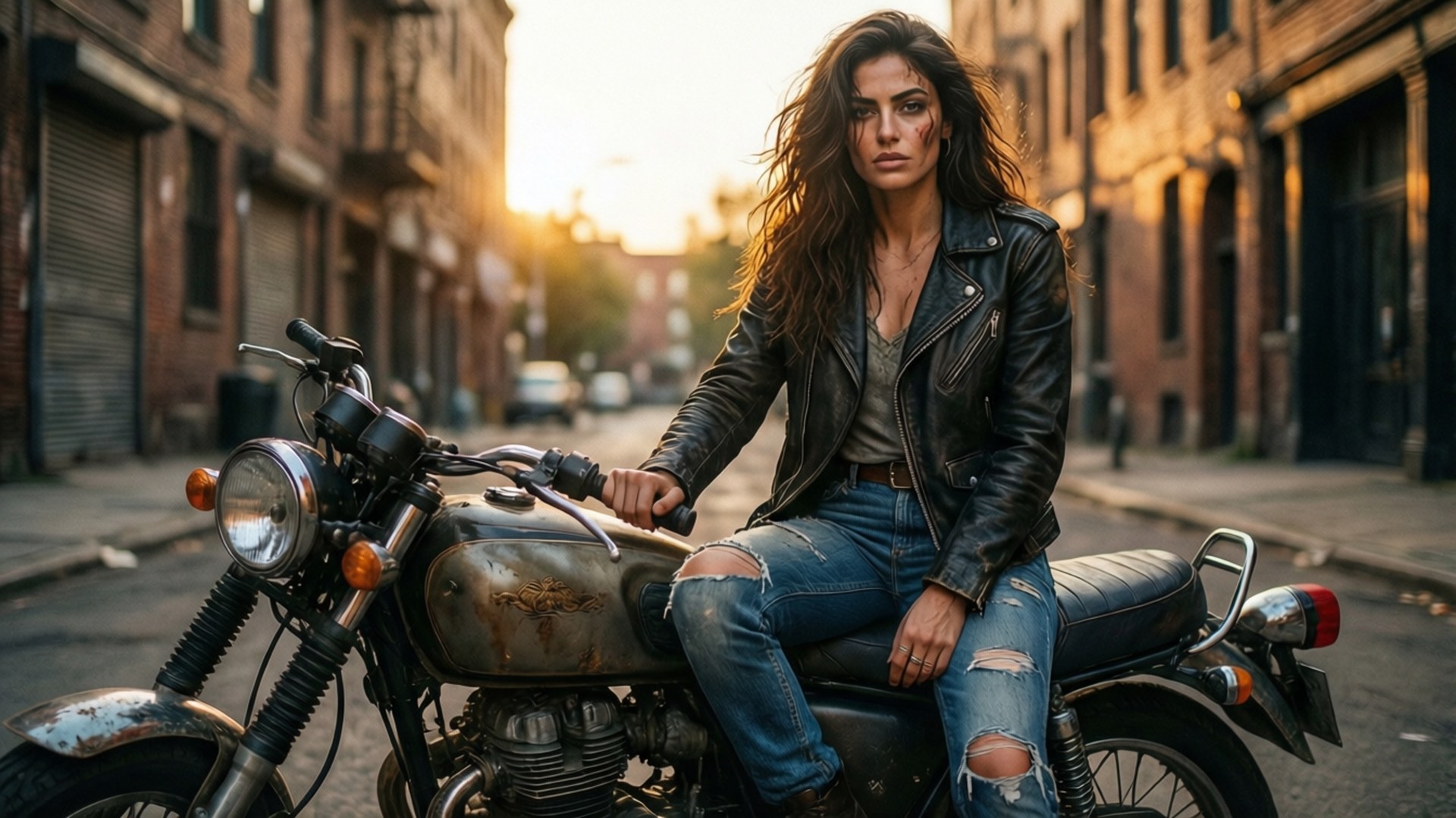 Inanna Sarkis, motorcycle, alley, Full HD Desktop Wallpaper