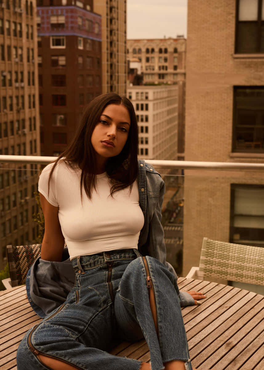 Inanna Sarkis, urban rooftop, denim jacket, SD Phone Wallpaper