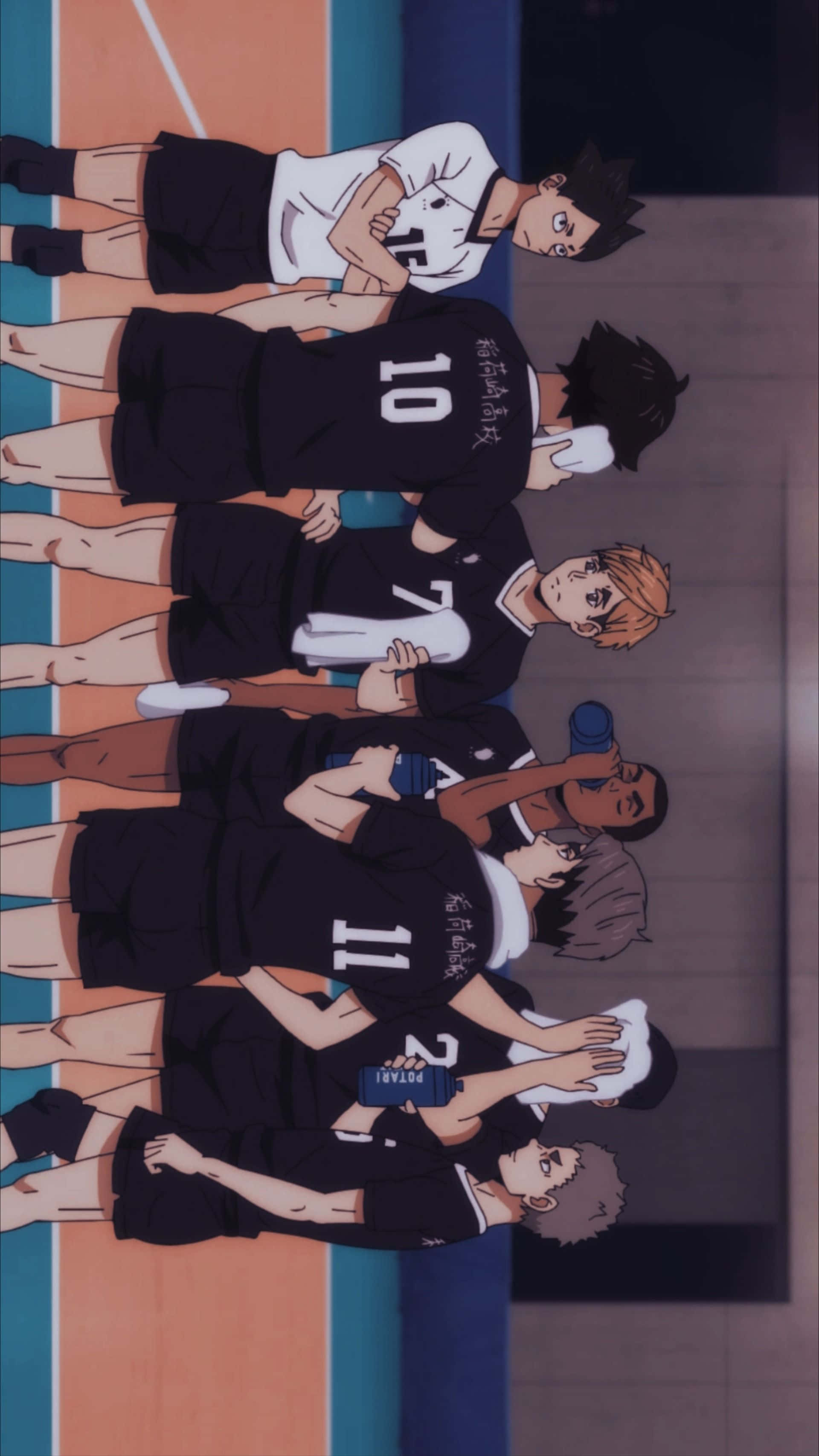 Team Inarizaki, black jerseys, court floor, 2K Phone Wallpaper
