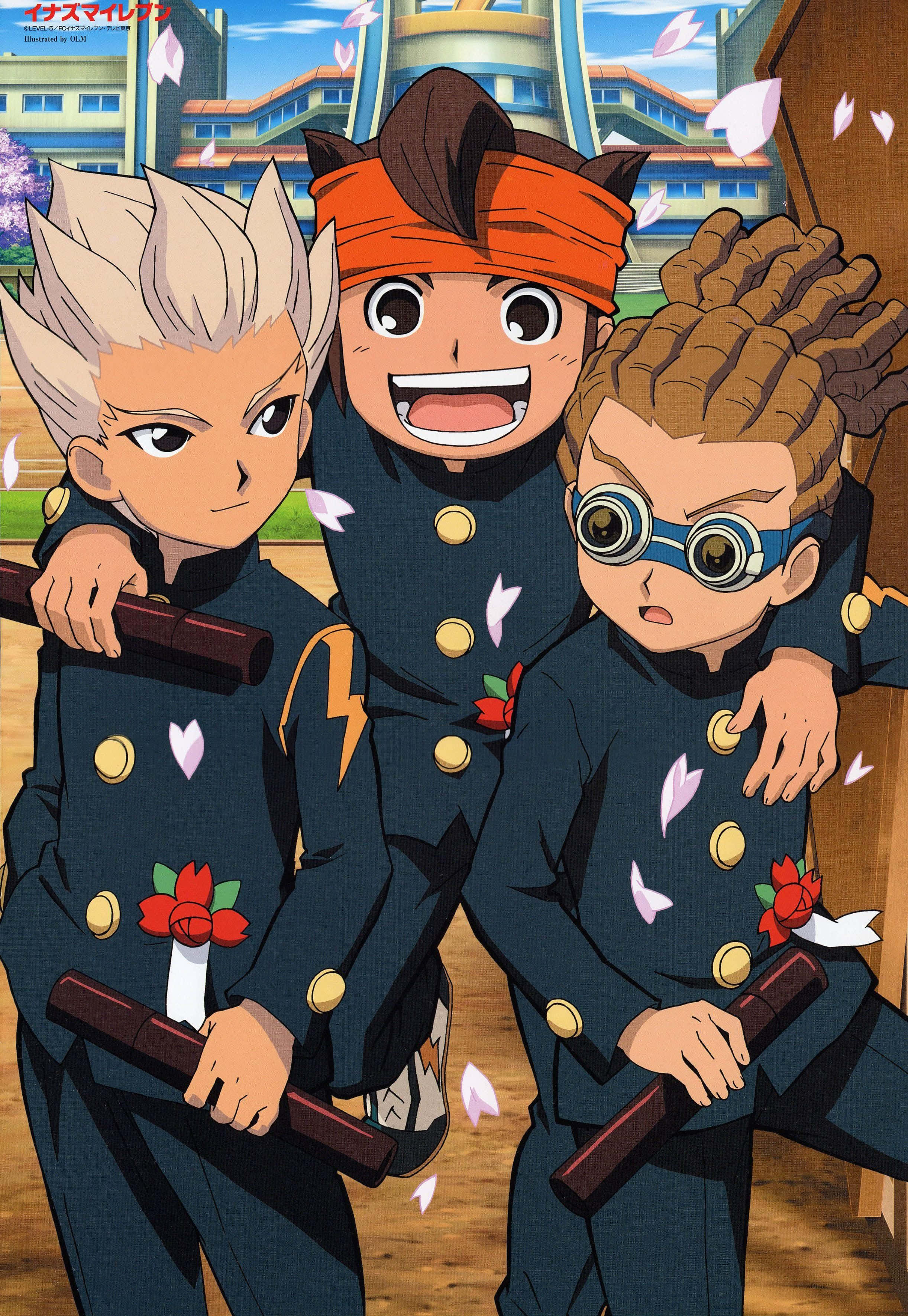 Inazuma Eleven, animated trio, dark uniforms, 2K Phone Wallpaper