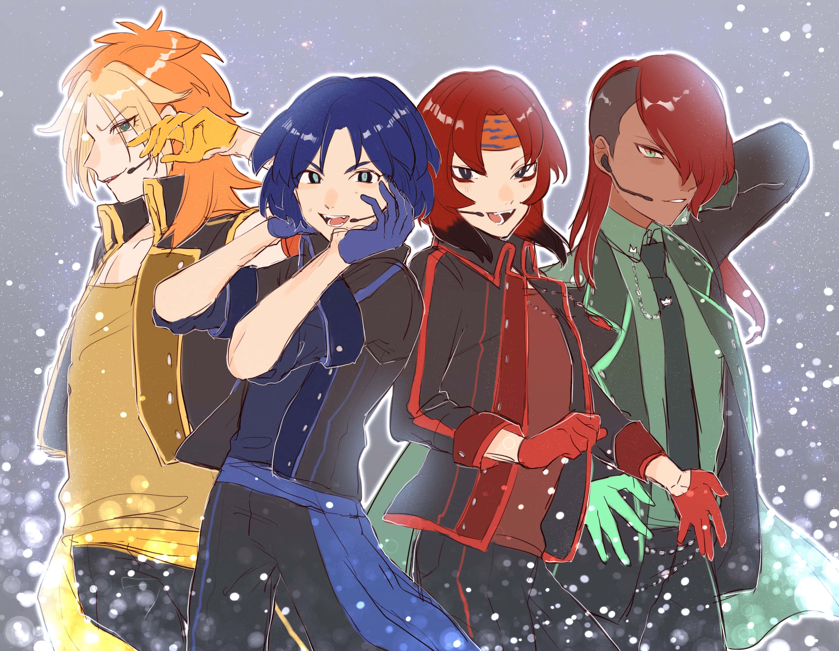 Inazuma Eleven, character group pose, snowy starry background, 2K Desktop Wallpaper