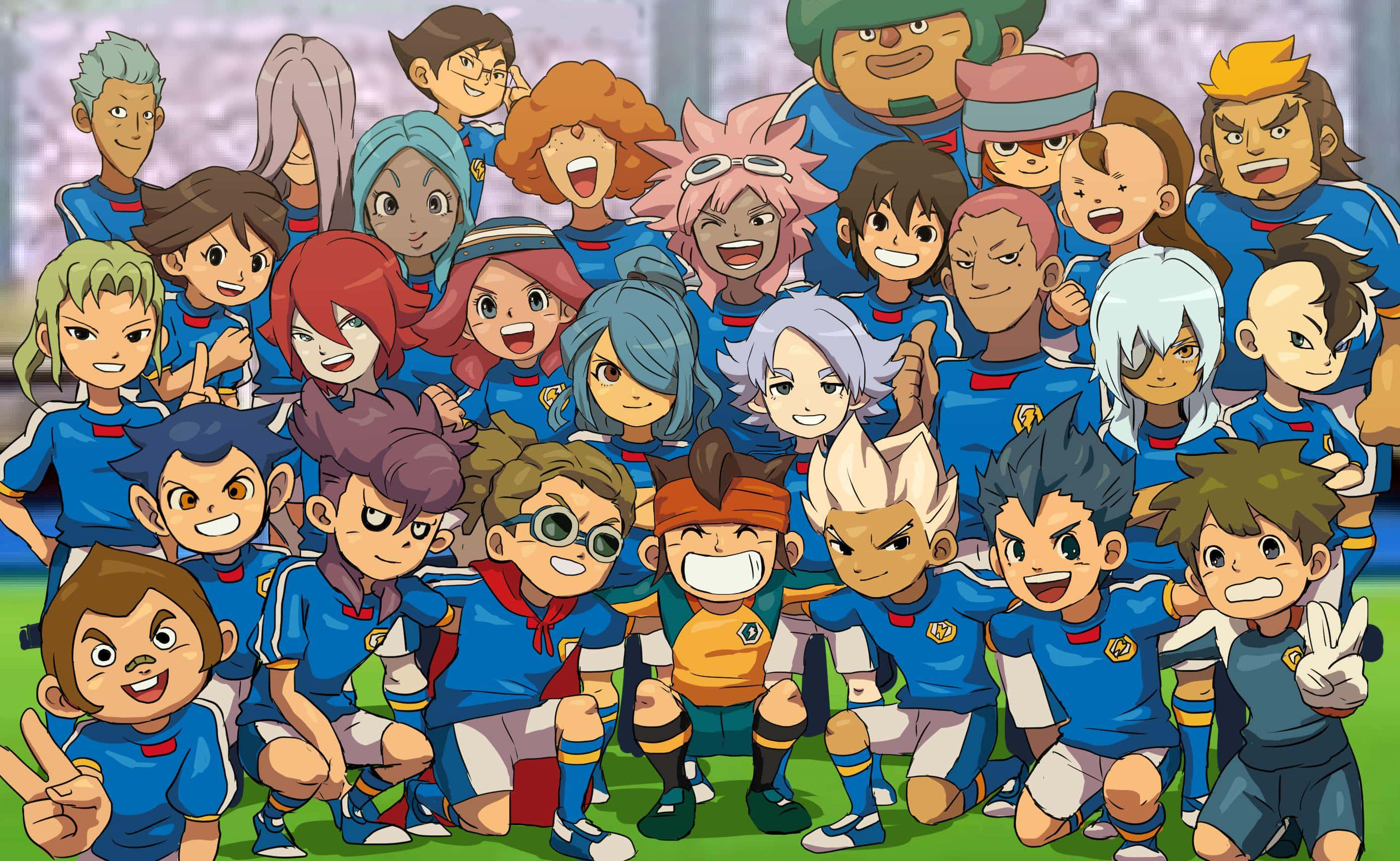 Inazuma Eleven, blue uniforms, green field, 2K Desktop Wallpaper
