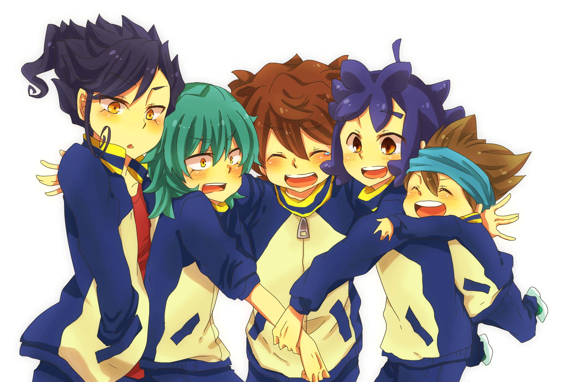 Inazuma Eleven, blue and yellow uniforms, five anime characters, Full HD Desktop Wallpaper
