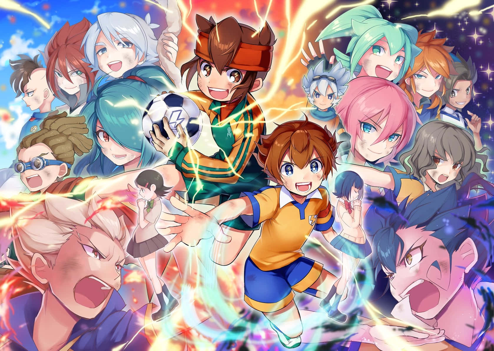 Inazuma Eleven, soccer players, electric energy bursts, HD Desktop Wallpaper