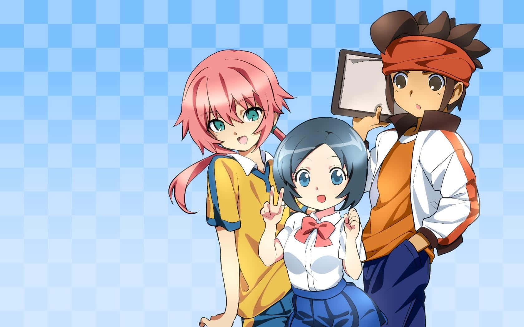 Inazuma Eleven, anime characters, blue checkered background, HD Desktop Wallpaper