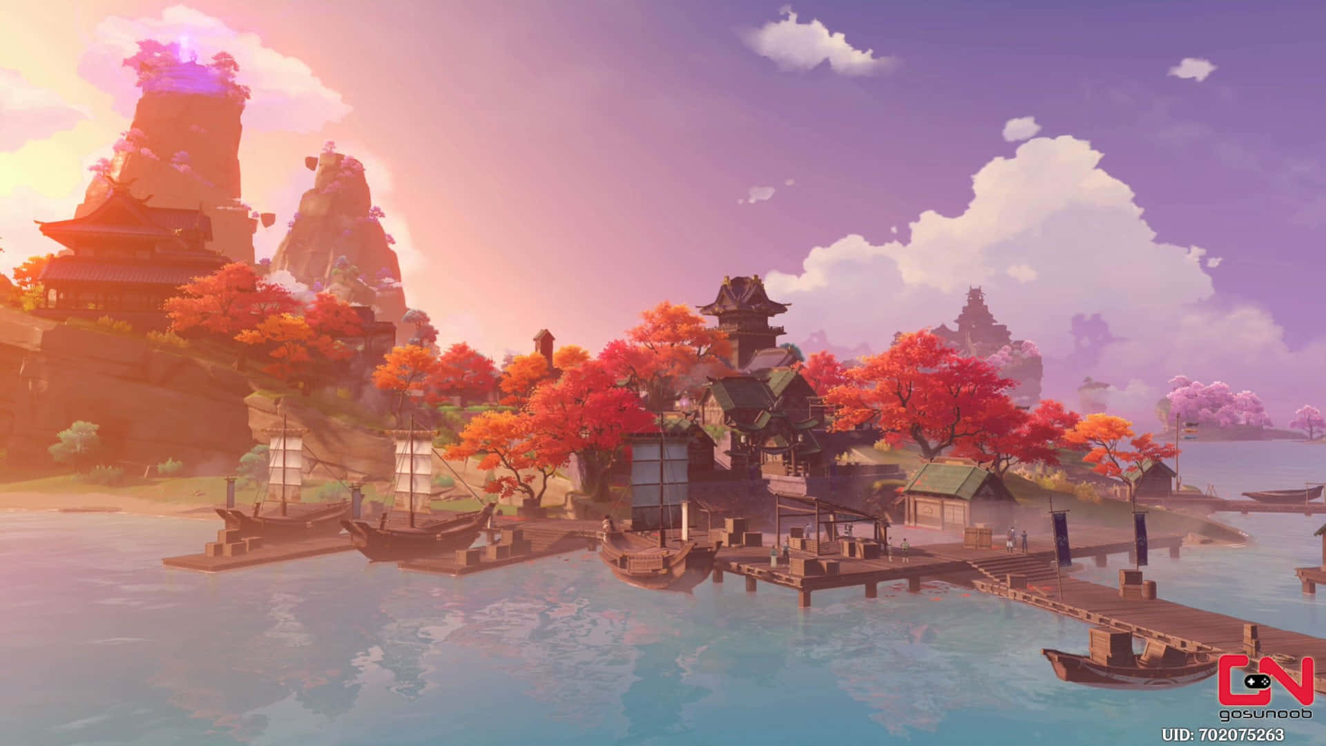 Inazuma, Genshin, anime-style harbor village, Full HD Desktop Wallpaper
