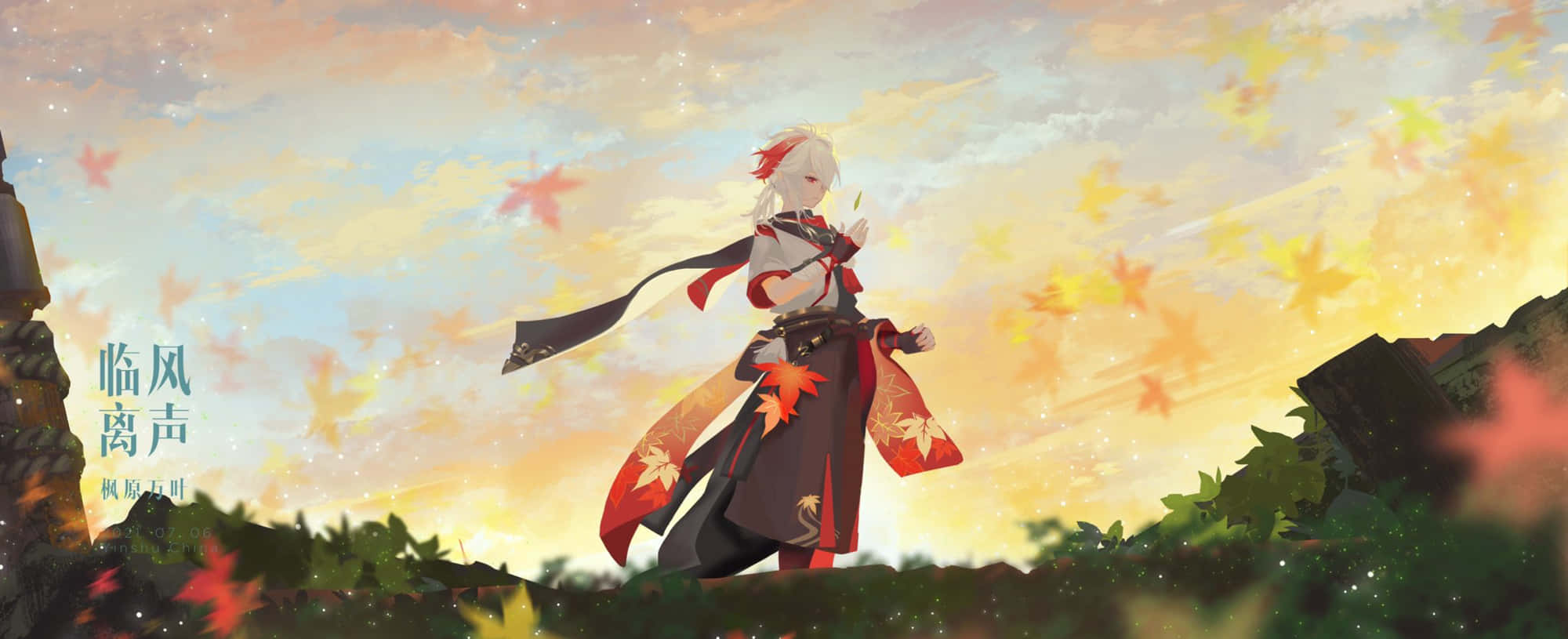 Inazuma Genshin, white-haired anime girl, red and black autumn-themed attire, Full HD Desktop Wallpaper