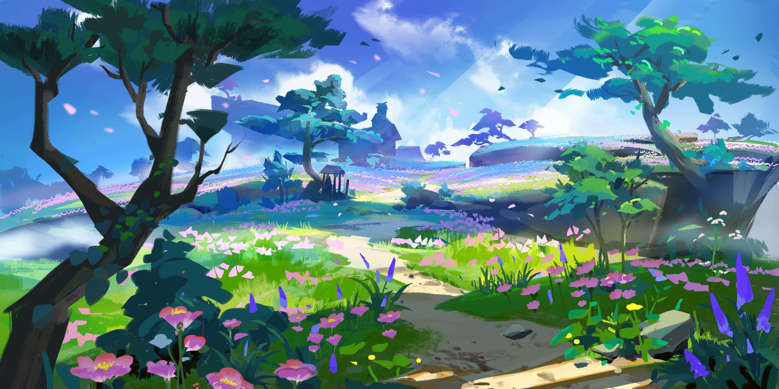 Inazuma Genshin, sunlit forest path, blooming purple and pink flowers, Full HD Desktop Wallpaper