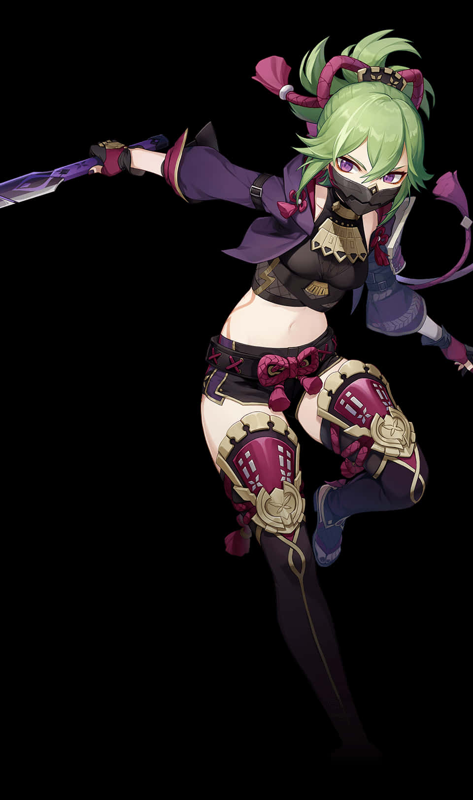 Inazuma Genshin, green hair, purple armor, HD Phone Wallpaper