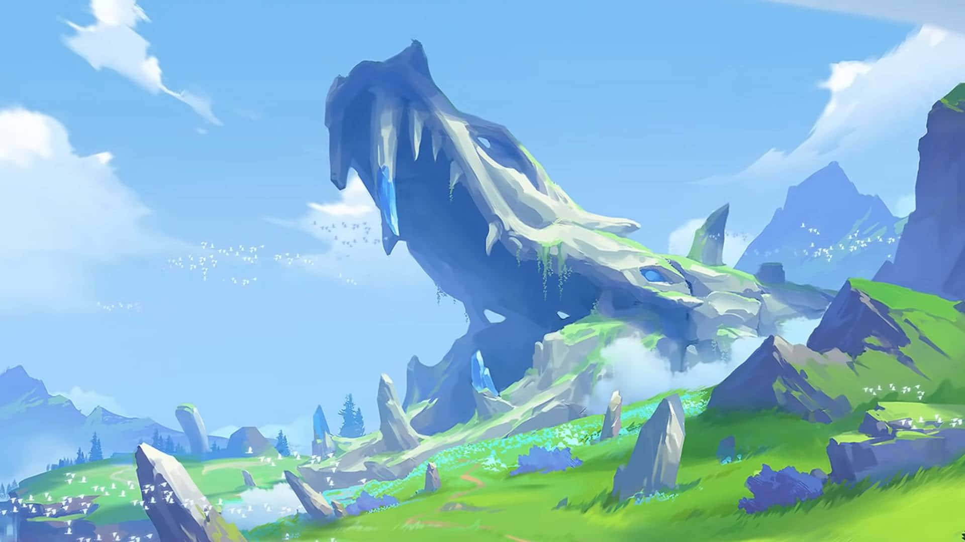 Inazuma Genshin, colossal dragon skull, vibrant green valley, Full HD Desktop Wallpaper