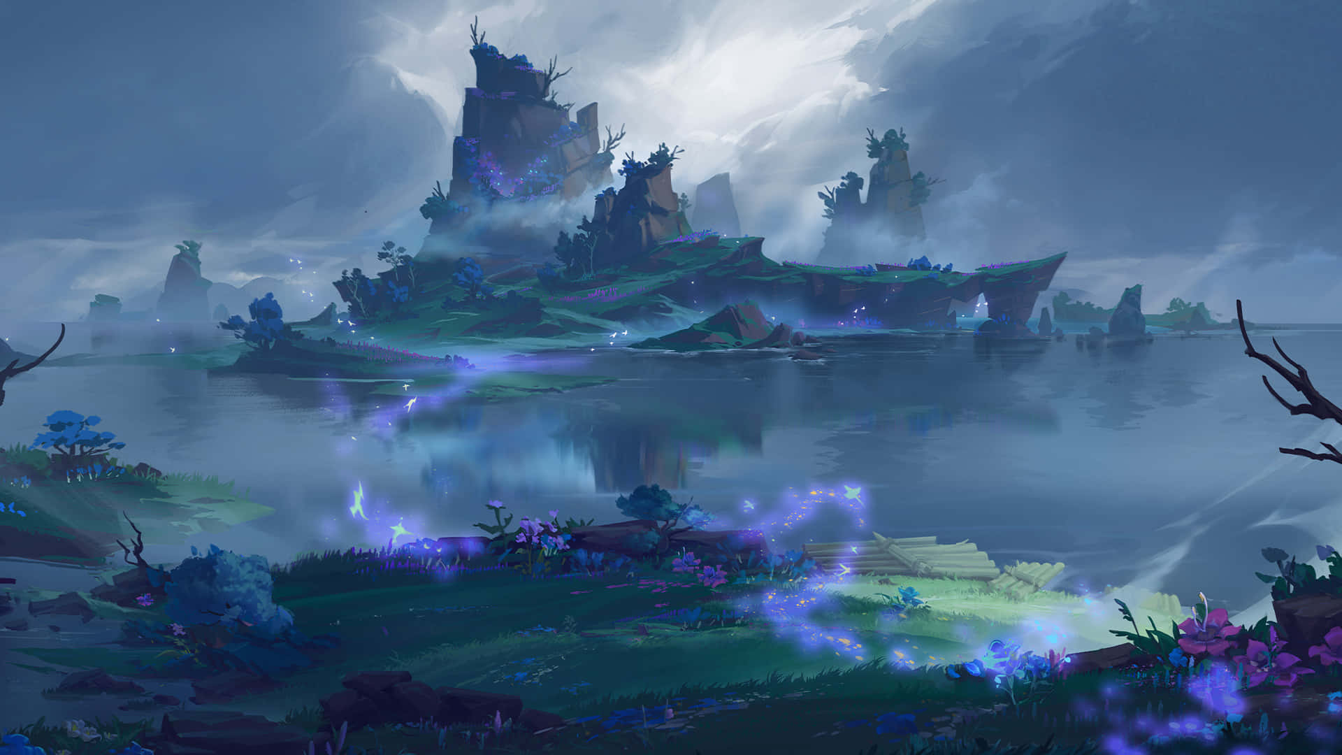 Inazuma Genshin, misty twilight landscape, glowing purple flora, Full HD Desktop Wallpaper