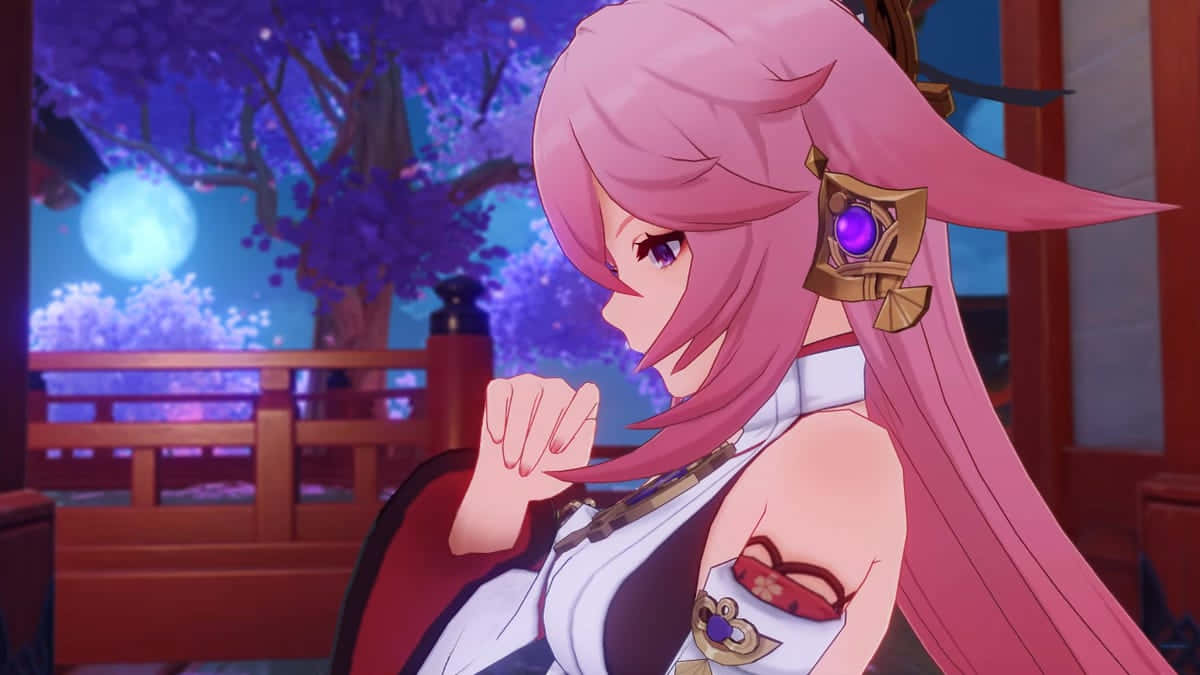Inazuma Genshin, pink-haired anime girl, golden earpiece, SD Desktop Wallpaper