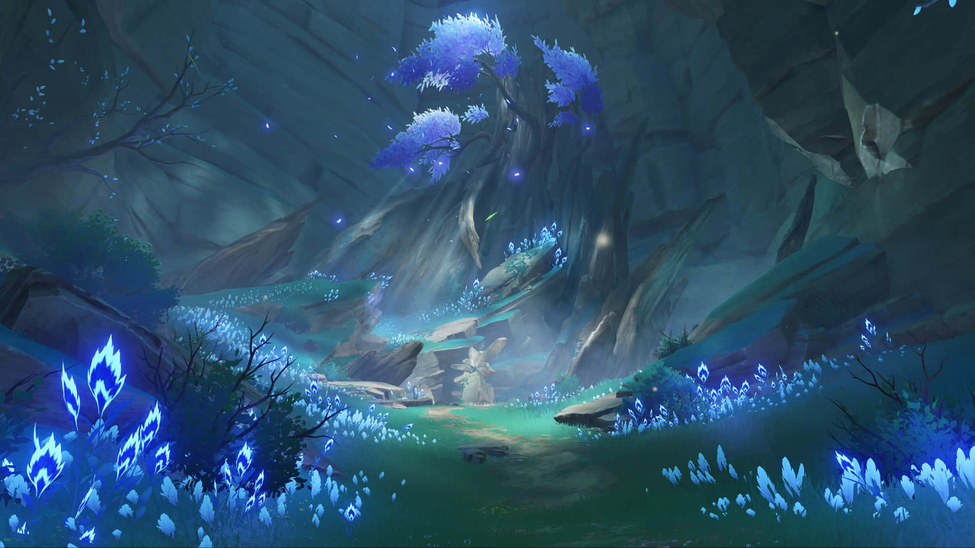 Inazuma Genshin, glowing blue tree, cavernous valley, Full HD Desktop Wallpaper