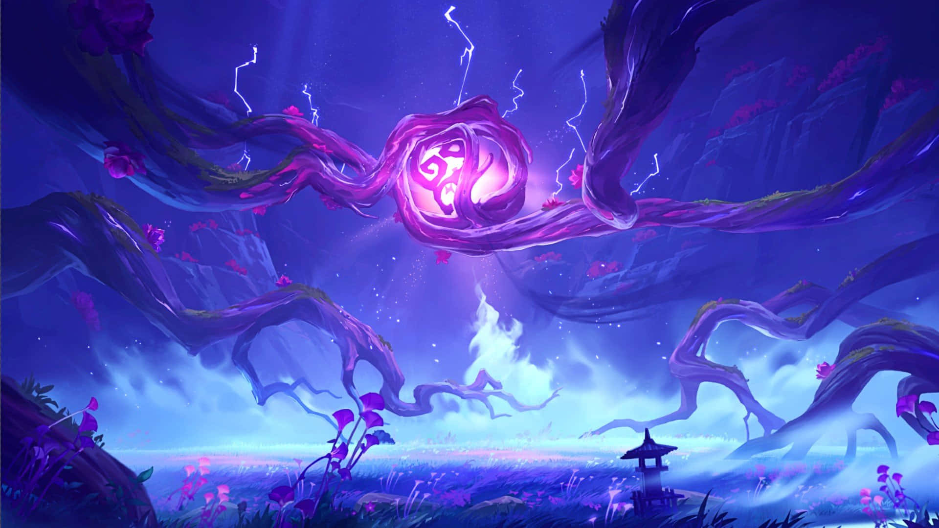 Inazuma Genshin, glowing purple cosmic vortex, colossal tree roots, Full HD Desktop Wallpaper