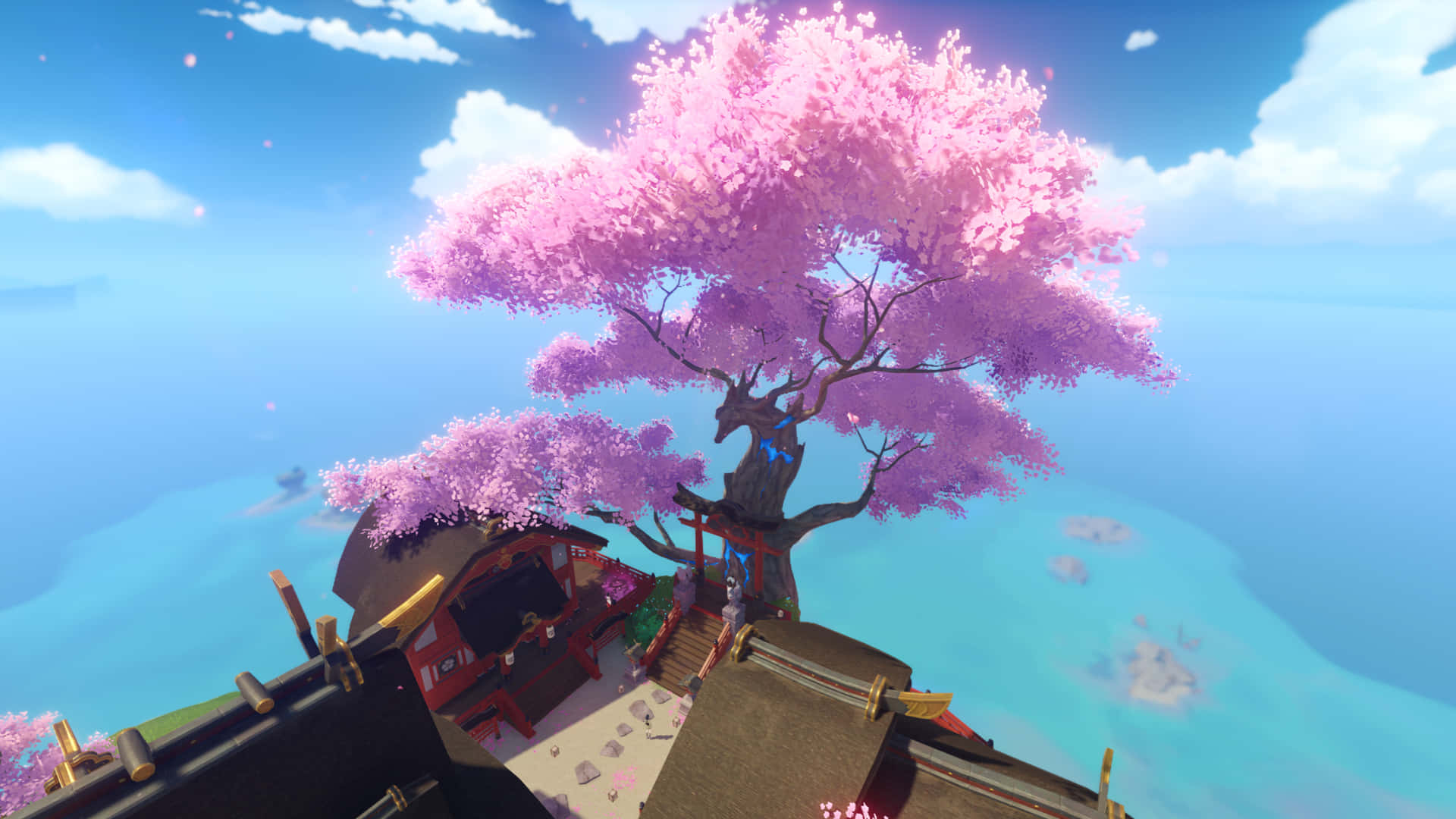 Inazuma Genshin, pink cherry blossom tree, traditional Japanese shrine, Full HD Desktop Wallpaper