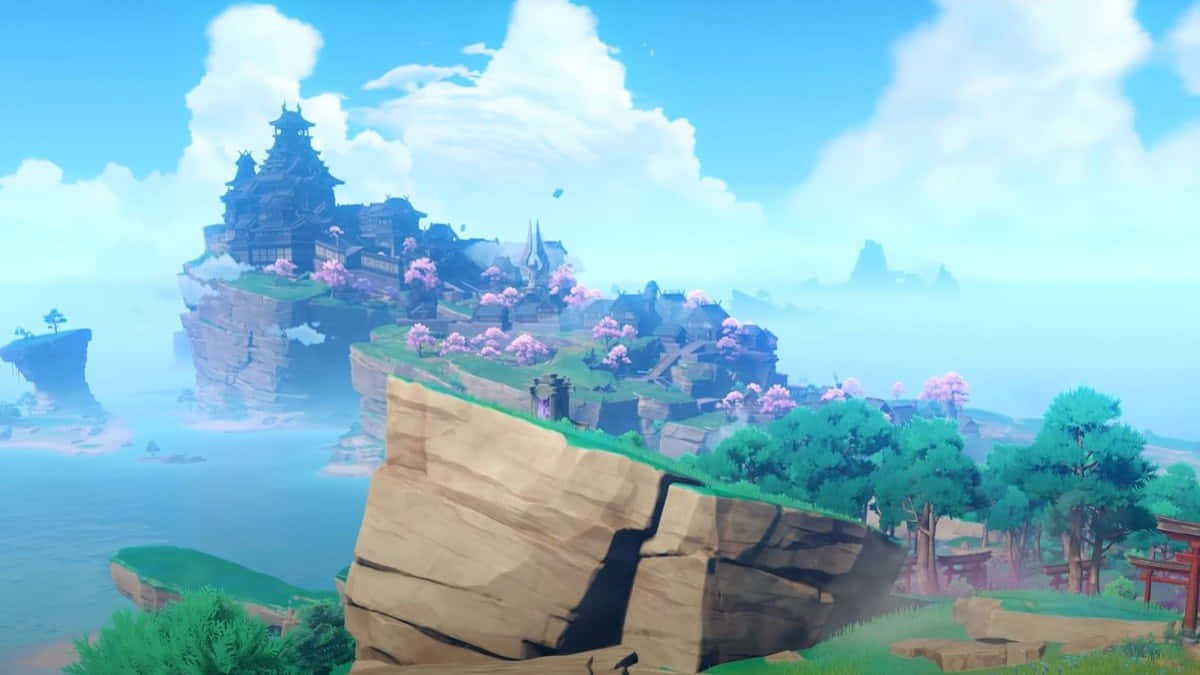 Inazuma Genshin, floating island, traditional wooden temple, SD Desktop Wallpaper