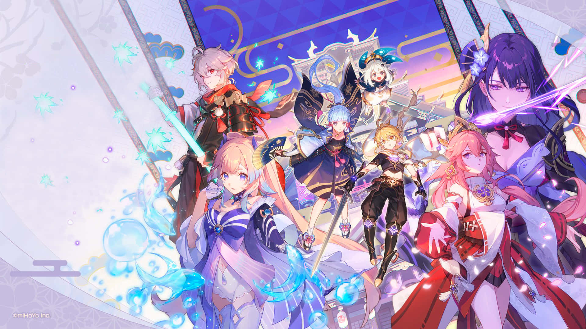 Inazuma Genshin, seven fantasy characters, glowing weapons, Full HD Desktop Wallpaper