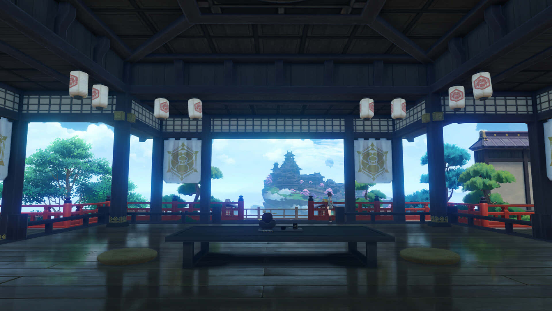 Inazuma Genshin, Japanese-style pavilion, misty island, Full HD Desktop Wallpaper