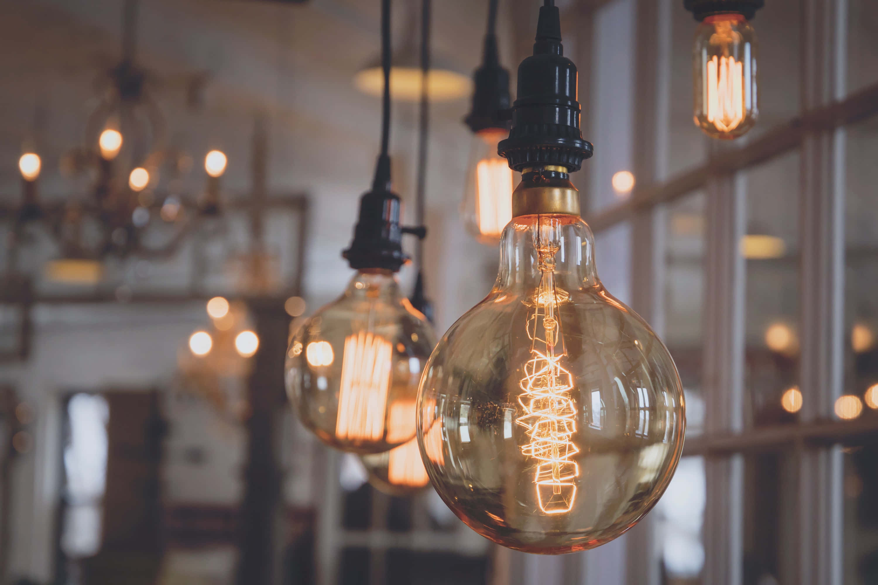 incandescent bulbs, cafe, vintage filament bulbs, 2K Desktop Wallpaper