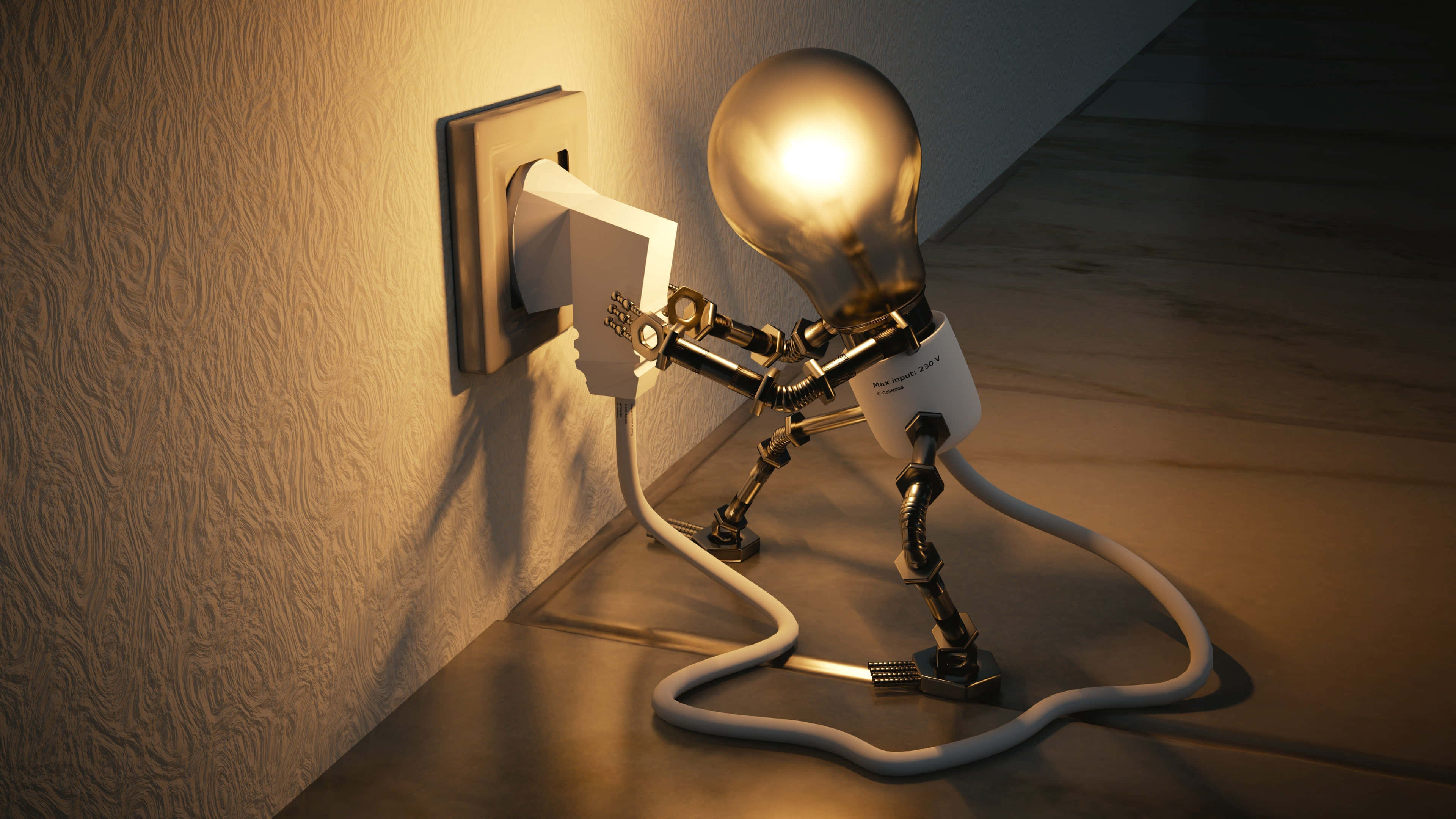 animated electric bulb, robotic body, wall socket, 4K Desktop Wallpaper
