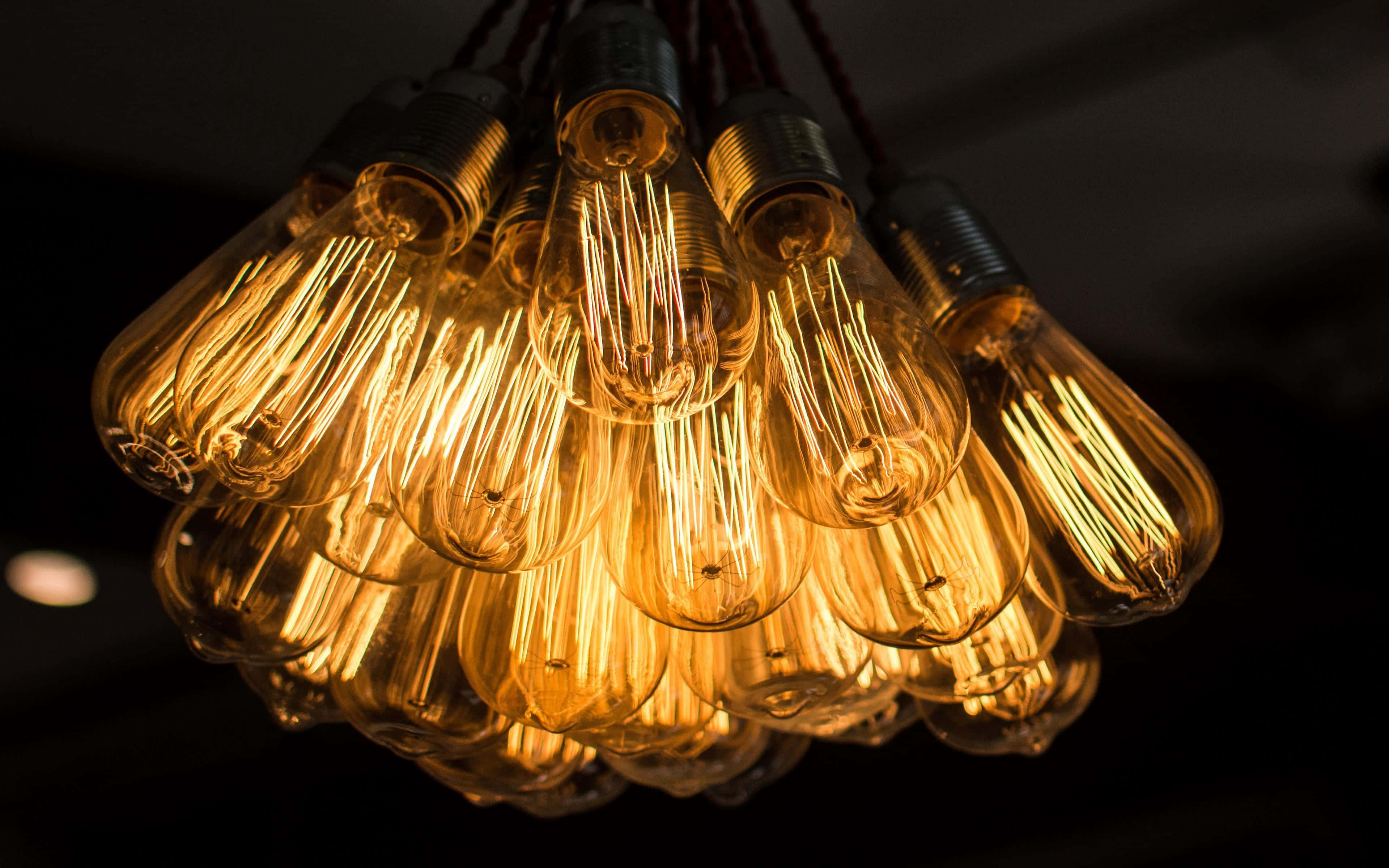 vintage Edison bulbs, glowing, warm golden light, 4K Desktop Wallpaper