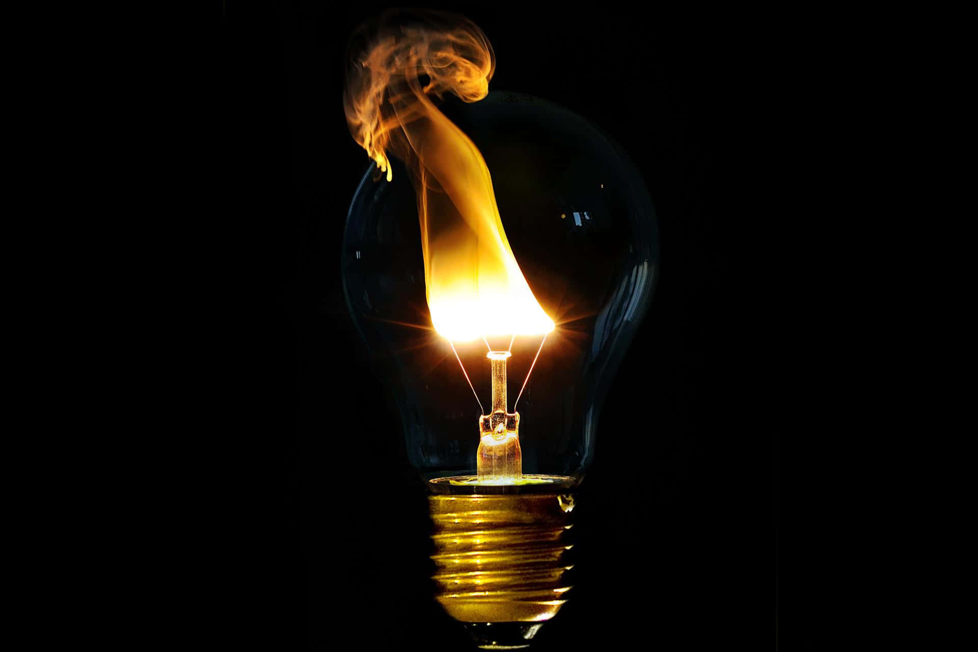 incandescent bulb, fiery flame, black background, Full HD Desktop Wallpaper