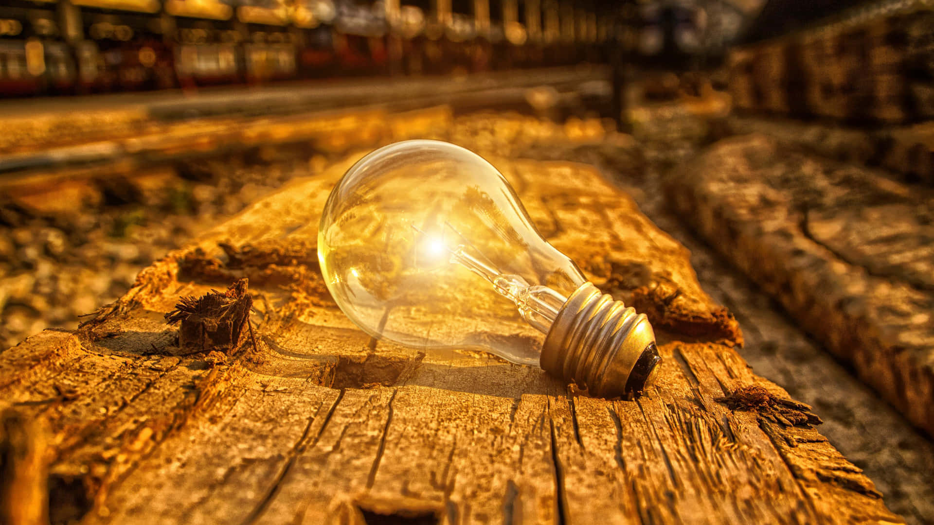 incandescent bulb, tracks, weathered wooden planks, Full HD Desktop Wallpaper