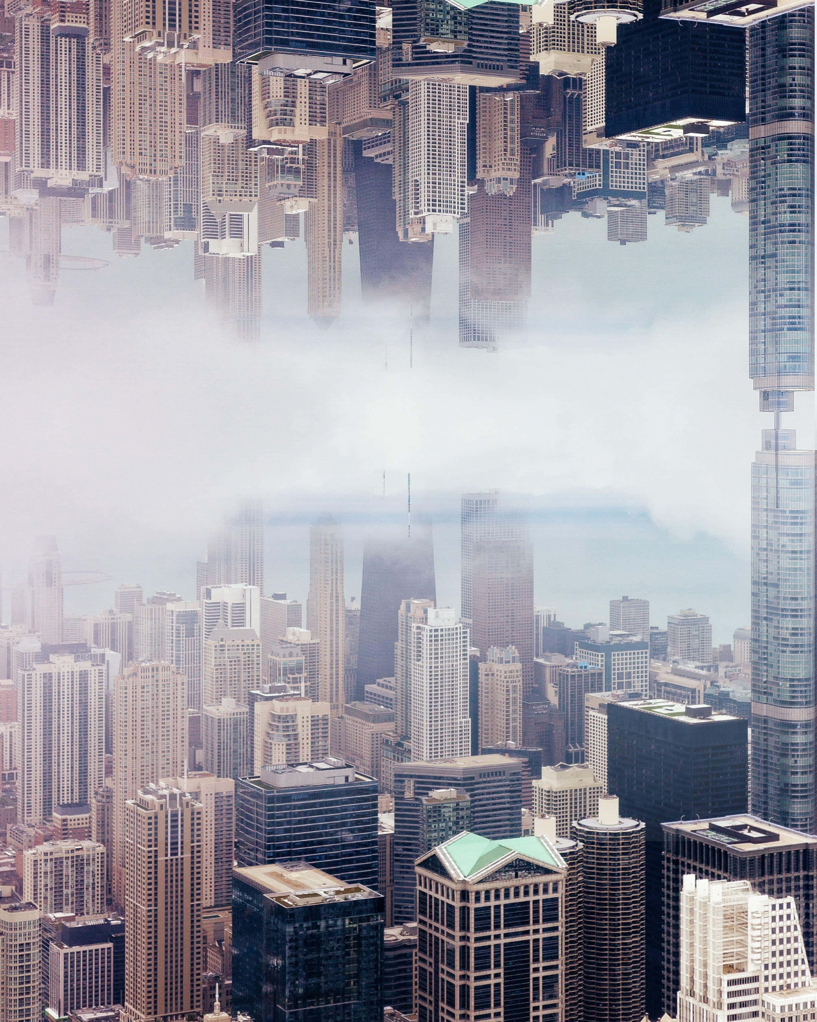surreal cityscape, skyscrapers, upside down, 2K Phone Wallpaper