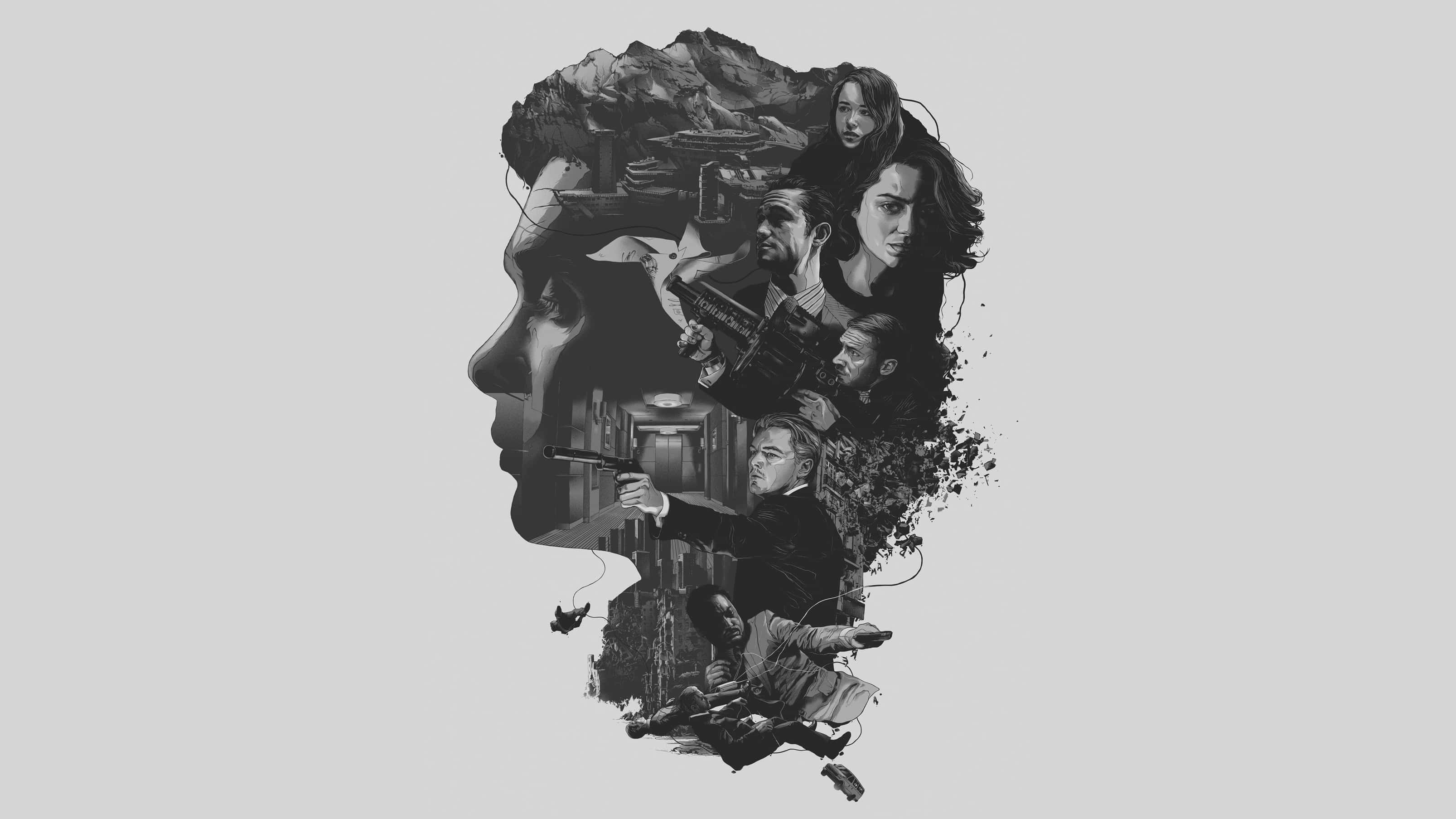Inception, movie concept art, monochrome illustration, 2K Desktop Wallpaper