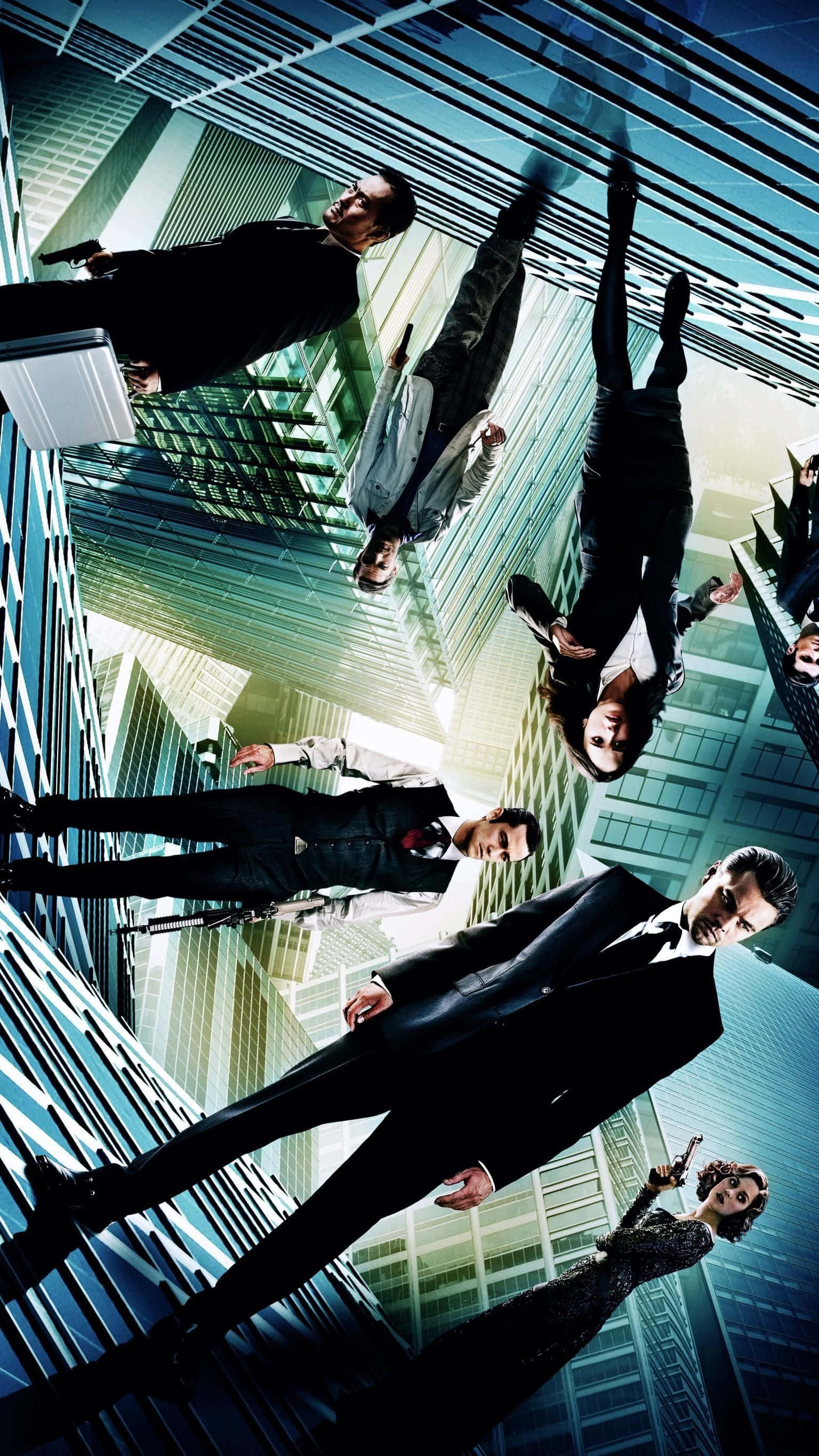 Inception, gravity defying scene, mirrored skyscraper hallway, 2K Phone Wallpaper