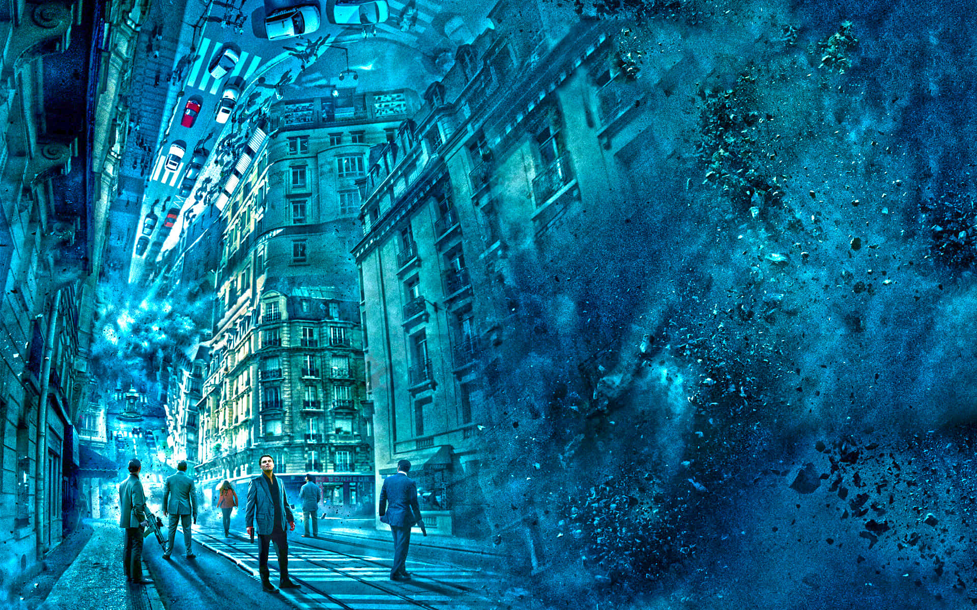 bending reality cityscape, surreal blue-toned urban street, floating cars, Full HD Desktop Wallpaper