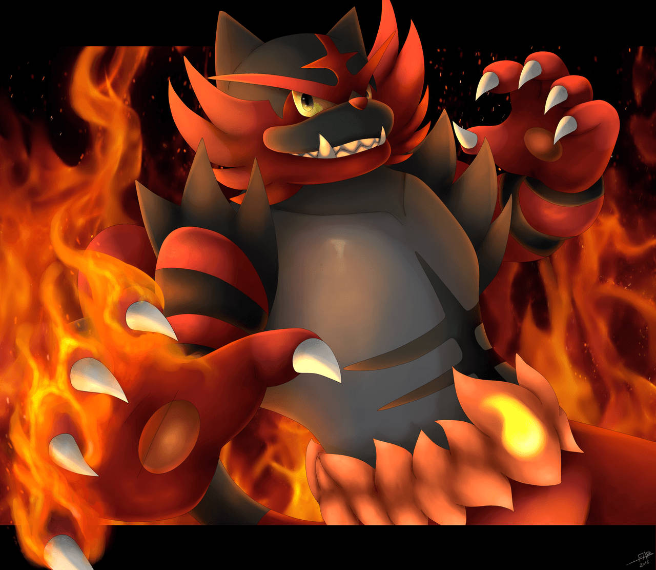 Fiery Incineroar, glowing yellow eyes, sharp claws, HD Desktop Wallpaper