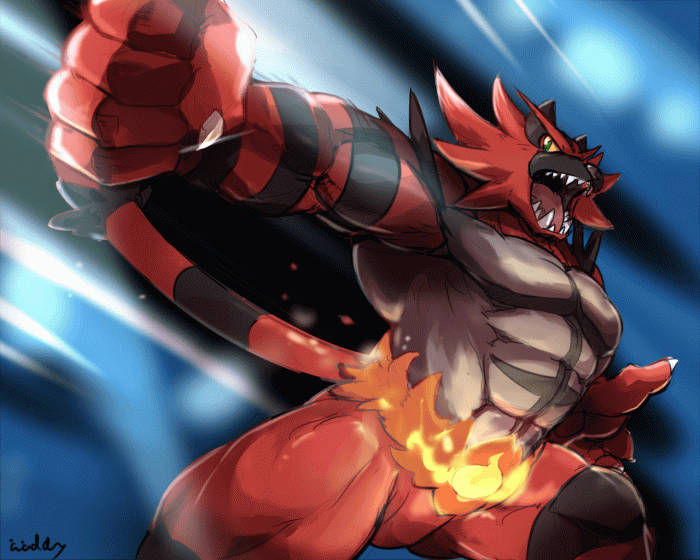 Incineroar, red and black, flames erupting from its belly, SD Desktop Wallpaper